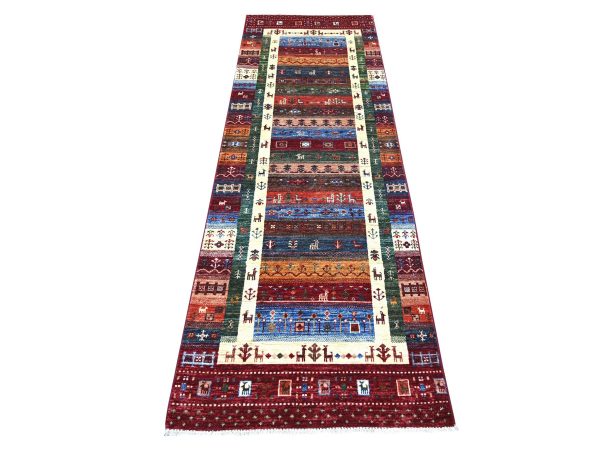 2'8"x8'3" Garnet Red, Soft Wool, Vegetable Dyes, Fine Kashkuli Gabbeh with Small Animal Figurines, Hand Knotted, Runner, Oriental Rug HR21953
