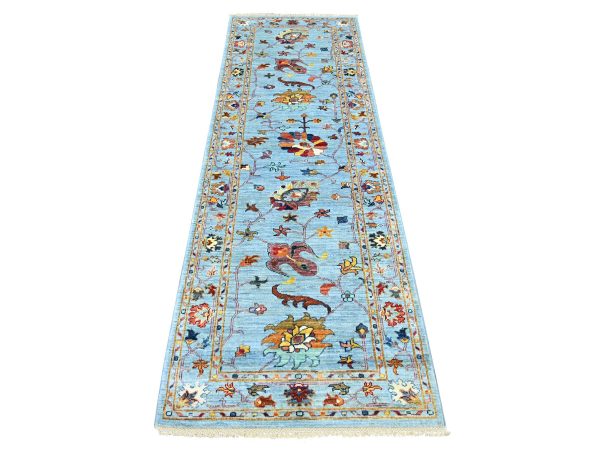 2'8"x8'2" Light Blue, Afghan Sultani with All Over Leaf Design, Denser Weave, Vegetable Dyes, Hand Knotted, Soft Wool, Runner, Oriental Rug HR21955