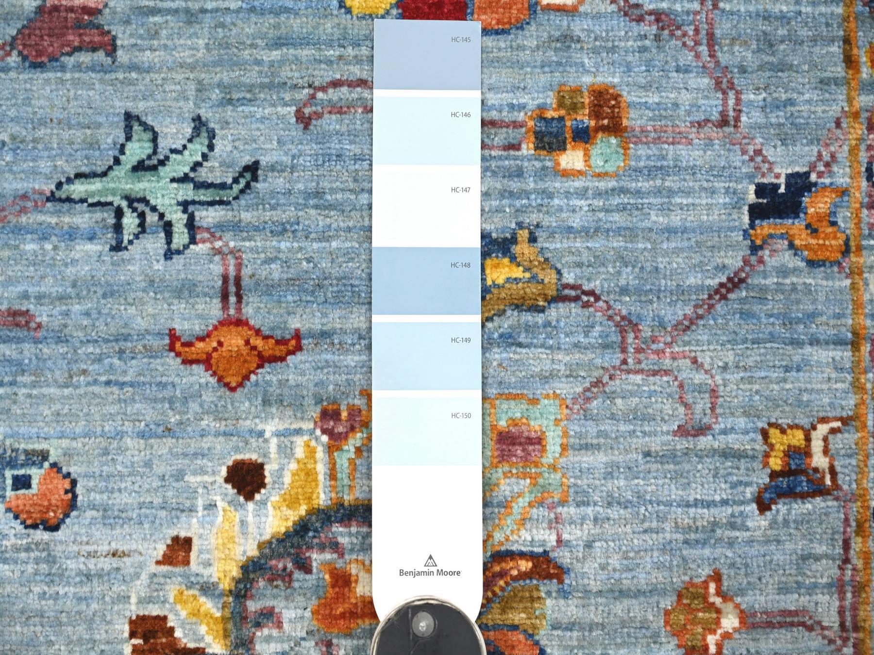 2'8"x8'2" Light Blue, Afghan Sultani with All Over Leaf Design, Denser Weave, Vegetable Dyes, Hand Knotted, Soft Wool, Runner, Oriental Rug HR21955 - Image 3