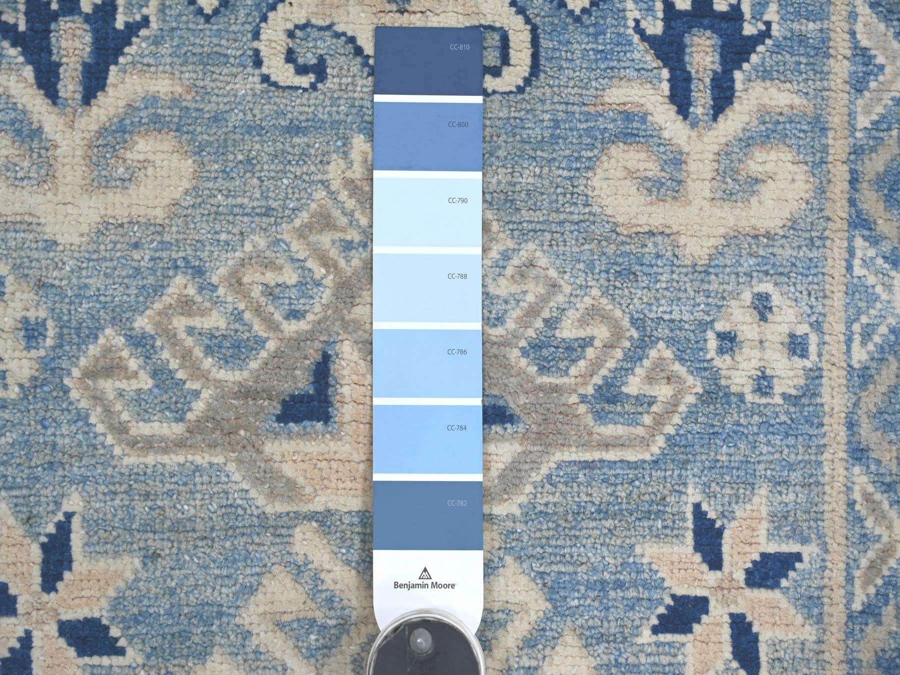2'9"x9'7" Maya Blue, Vintage Look Kazak with Tribal Medallions, Hand Knotted, 100% Wool, Natural Dyes, Runner, Oriental Rug HR21962 - Image 3