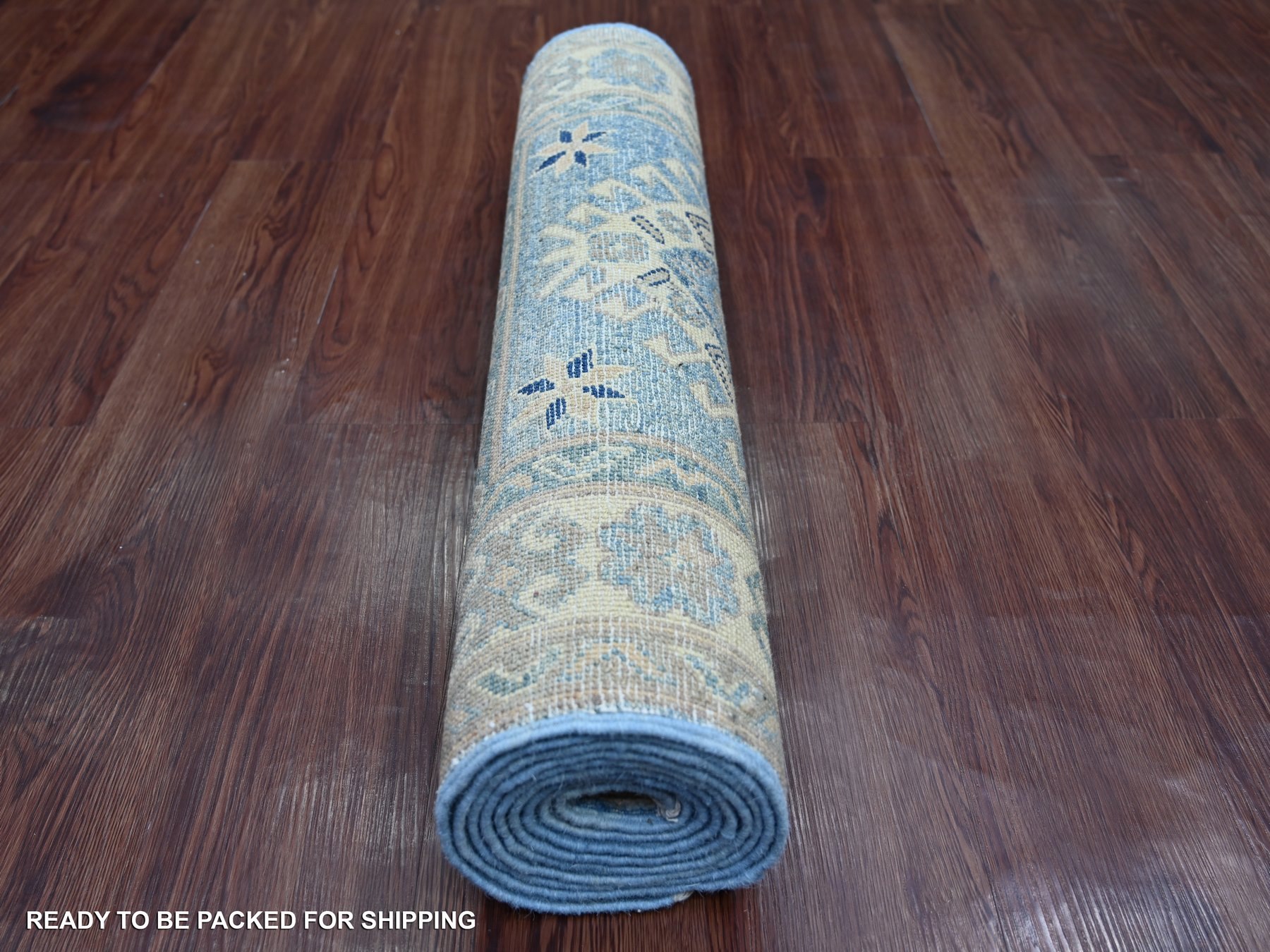 2'9"x9'7" Maya Blue, Vintage Look Kazak with Tribal Medallions, Hand Knotted, 100% Wool, Natural Dyes, Runner, Oriental Rug HR21962 - Image 4