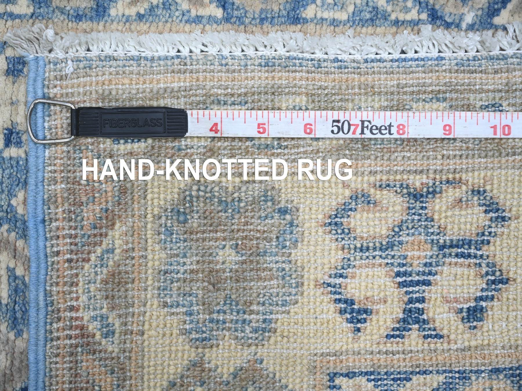 2'9"x9'7" Maya Blue, Vintage Look Kazak with Tribal Medallions, Hand Knotted, 100% Wool, Natural Dyes, Runner, Oriental Rug HR21962 - Image 6