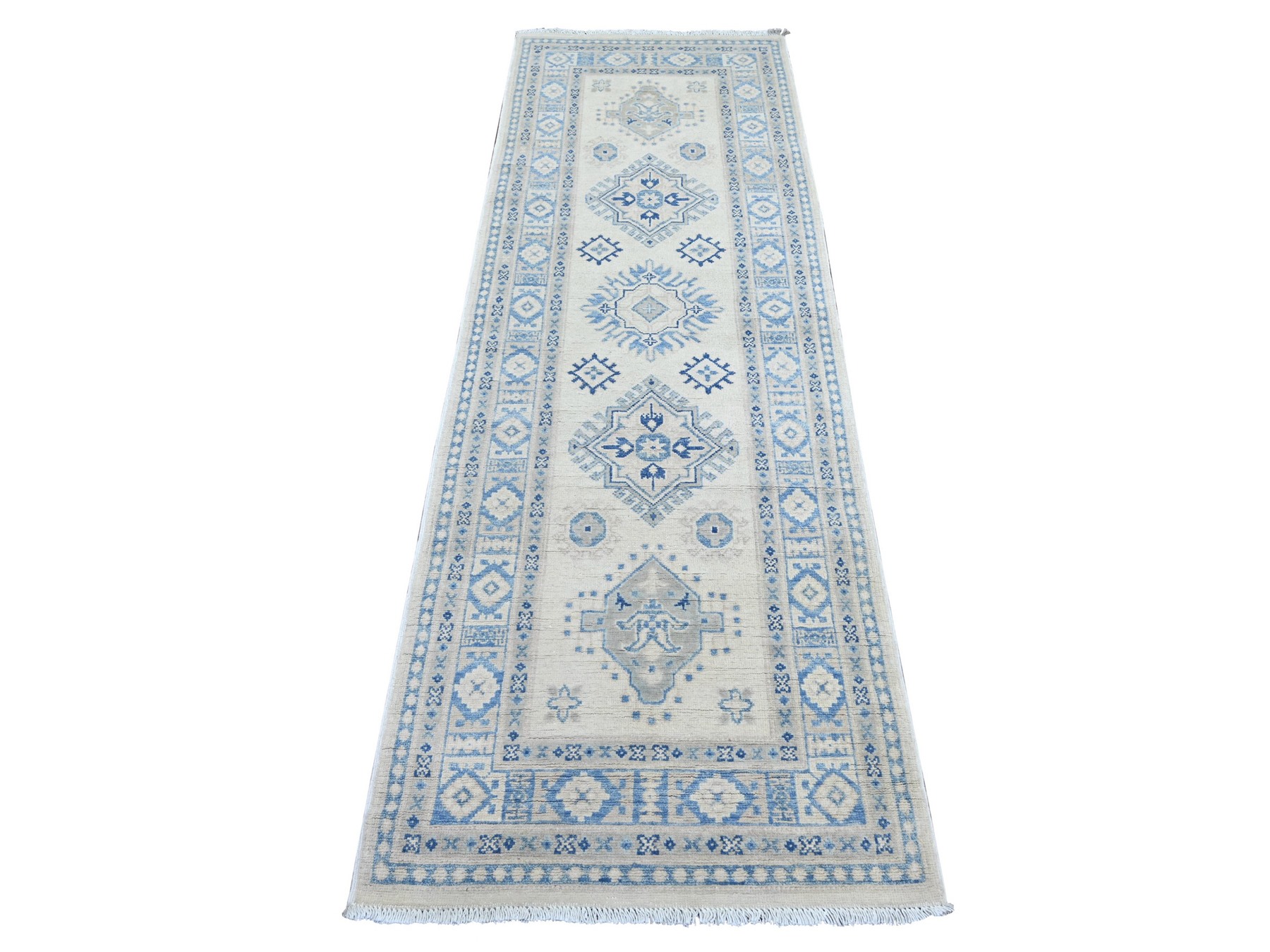 2'7"x7'9" Pearl White, Vintage Look Kazak with Geometric Medallions, Hand Knotted, 100% Wool, Natural Dyes, Runner, Oriental Rug HR21963