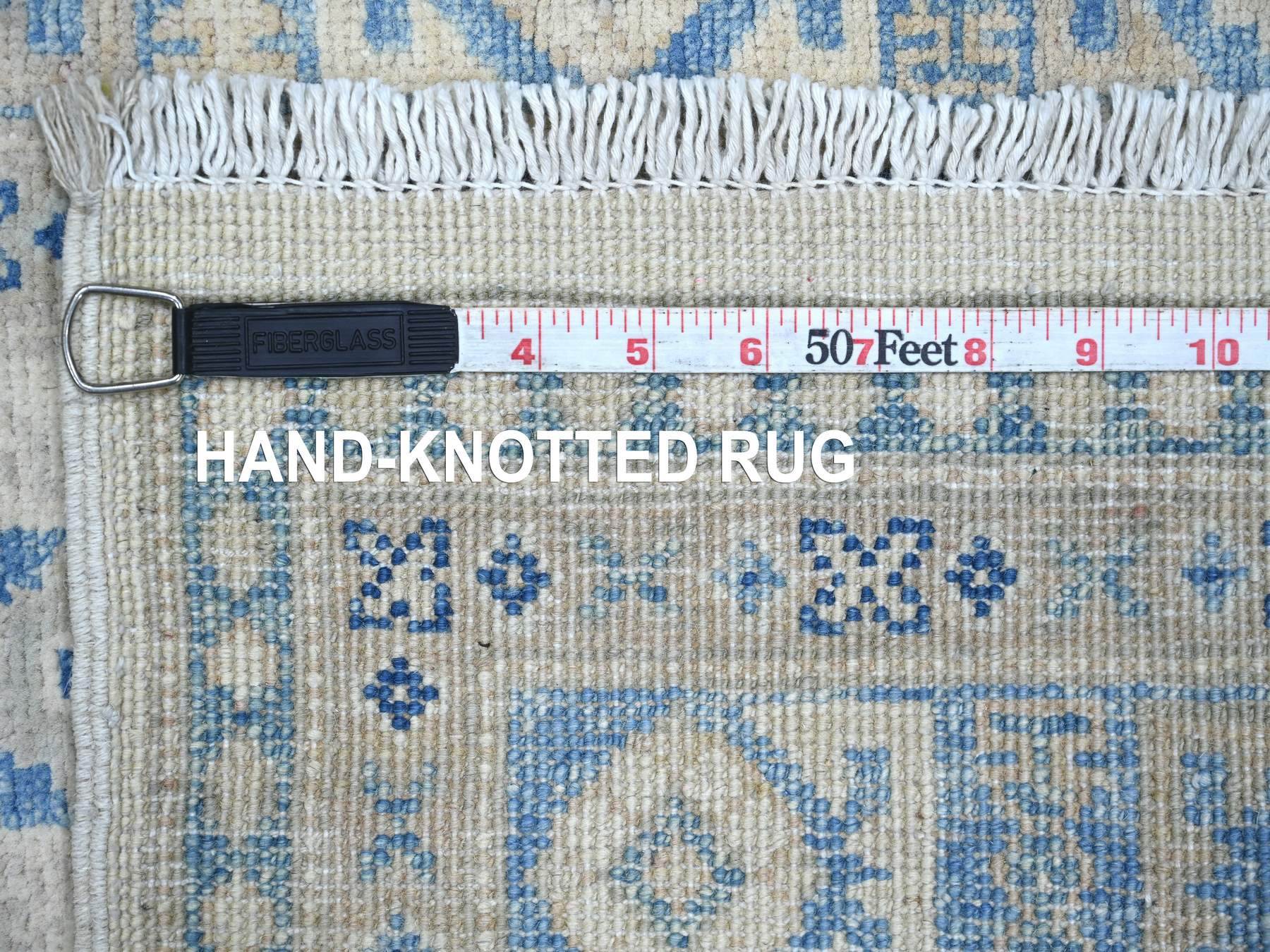 2'7"x7'9" Pearl White, Vintage Look Kazak with Geometric Medallions, Hand Knotted, 100% Wool, Natural Dyes, Runner, Oriental Rug HR21963 - Image 6