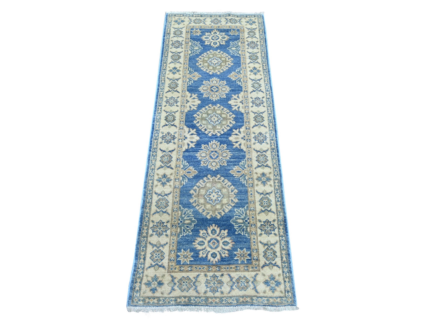 2'x5'6" Imperial Blue, Vintage Look Kazak with Tribal Medallions, Hand Knotted, 100% Wool, Natural Dyes, Short and Narrow Runner, Oriental Rug HR21965