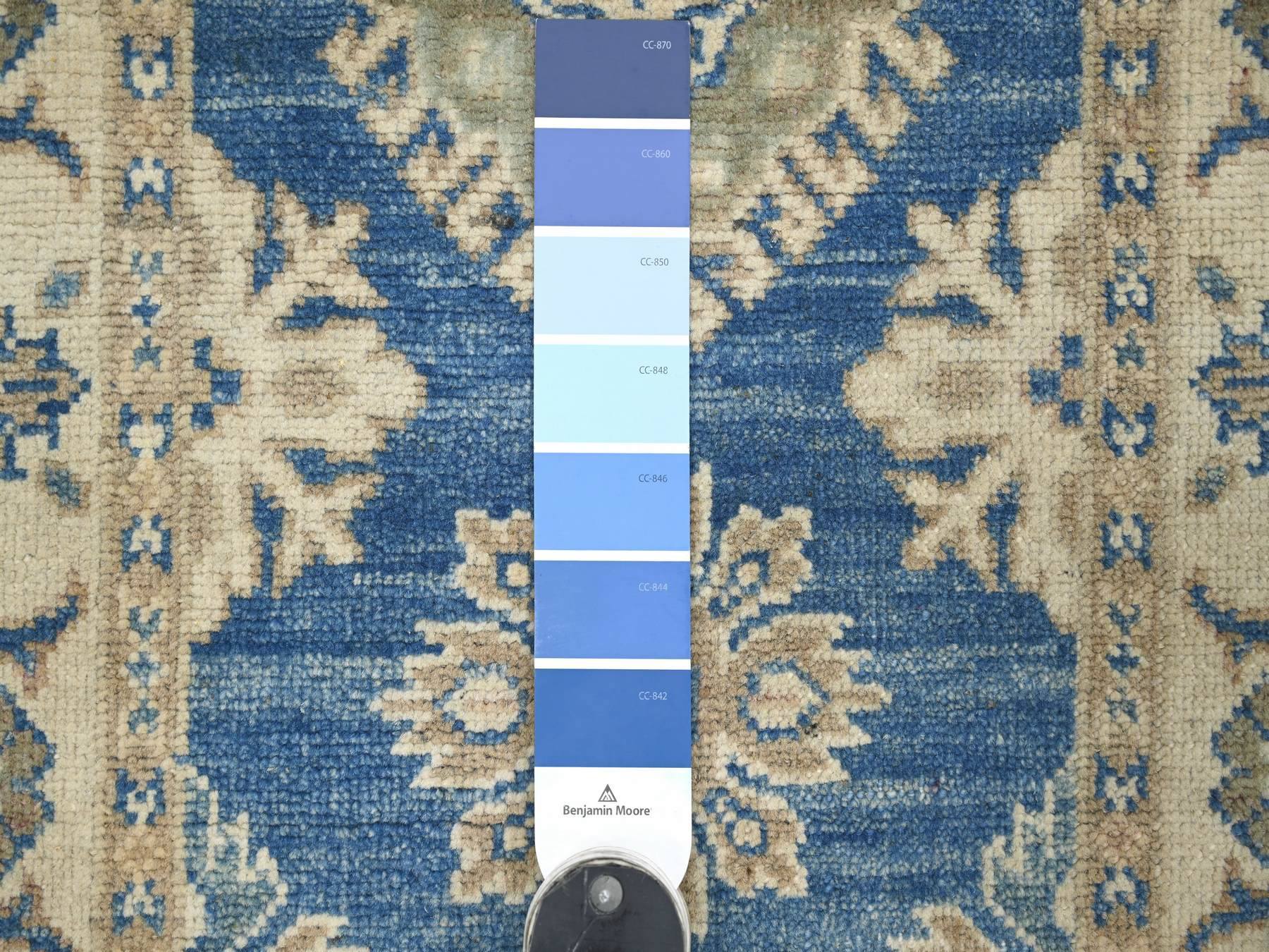 2'x5'6" Imperial Blue, Vintage Look Kazak with Tribal Medallions, Hand Knotted, 100% Wool, Natural Dyes, Short and Narrow Runner, Oriental Rug HR21965 - Image 3