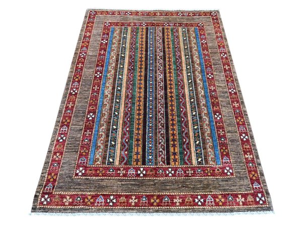 4'4"x6' Beaver Brown, Hand Knotted, Vegetable Dyes, Afghan Super Kazak with Shawl Design, Pure Wool, Oriental Rug HR21967