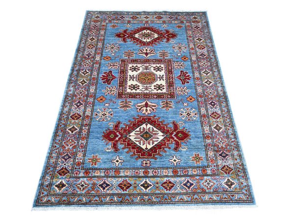 4'1"x6' Light Blue, Vegetable Dyes, Afghan Super Kazak with Geometric Medallions Design, Hand Knotted, Pure Wool, Oriental Rug HR21968
