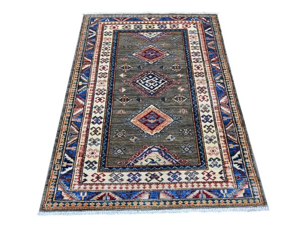 4'x5'5" Stone Gray, Hand Knotted, Vegetable Dyes, Afghan Super Kazak with Geometric Medallions Design, Pure Wool, Oriental Rug HR21969
