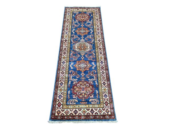 2'1"x6' Cerulean Blue, Hand Knotted, Vegetable Dyes, Afghan Super Kazak with Geometric Medallions Design, Pure Wool, Narrow Runner, Oriental Rug HR21970