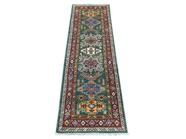 2'x6' Hunter Green, Pure Wool, Hand Knotted, Vegetable Dyes, Afghan Super Kazak with Geometric Medallions Design, Narrow Runner, Oriental Rug HR21971