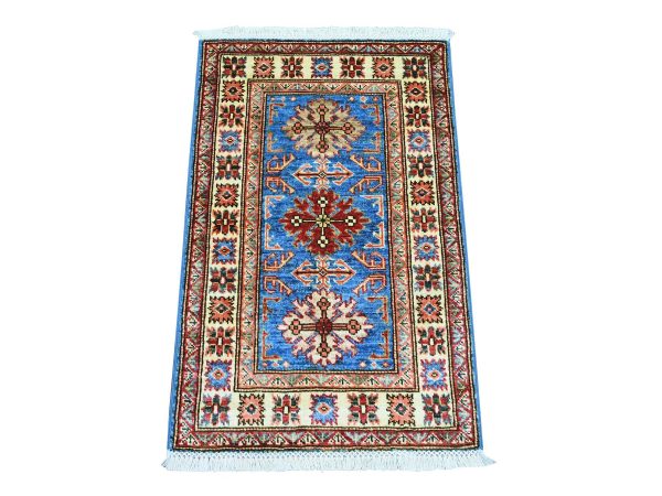 2'x3' Cerulean Blue, Hand Knotted, Vegetable Dyes, Afghan Super Kazak with Tribal Medallions Design, Pure Wool, Sample, Mat, Oriental Rug HR21974