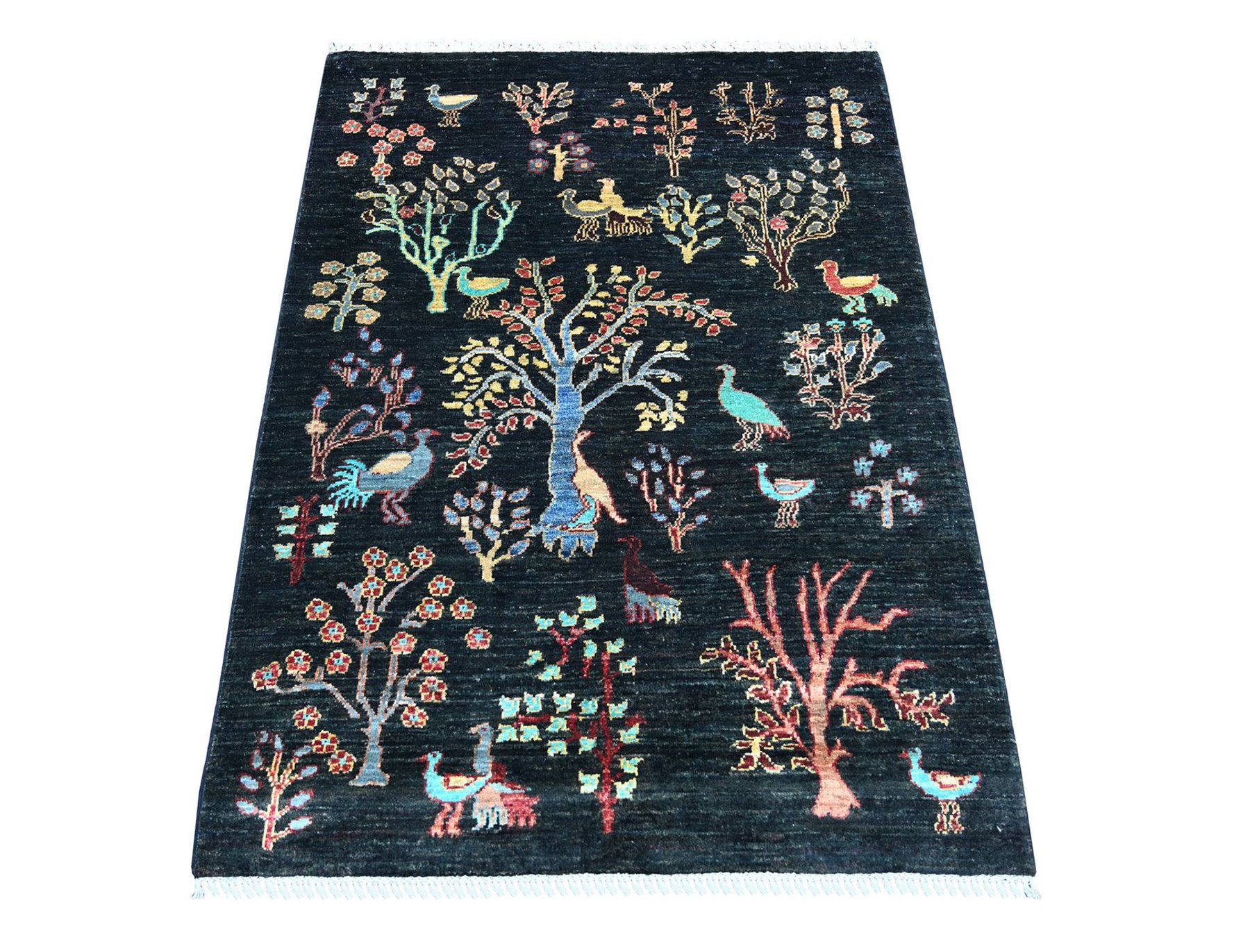 3'5"x4'8" Navy Blue, Afghan Sultani with Trees Design and Bird Figurines,
Denser Weave, Vegetable Dyes, Hand Knotted, Soft Wool, Oriental Rug HR21978