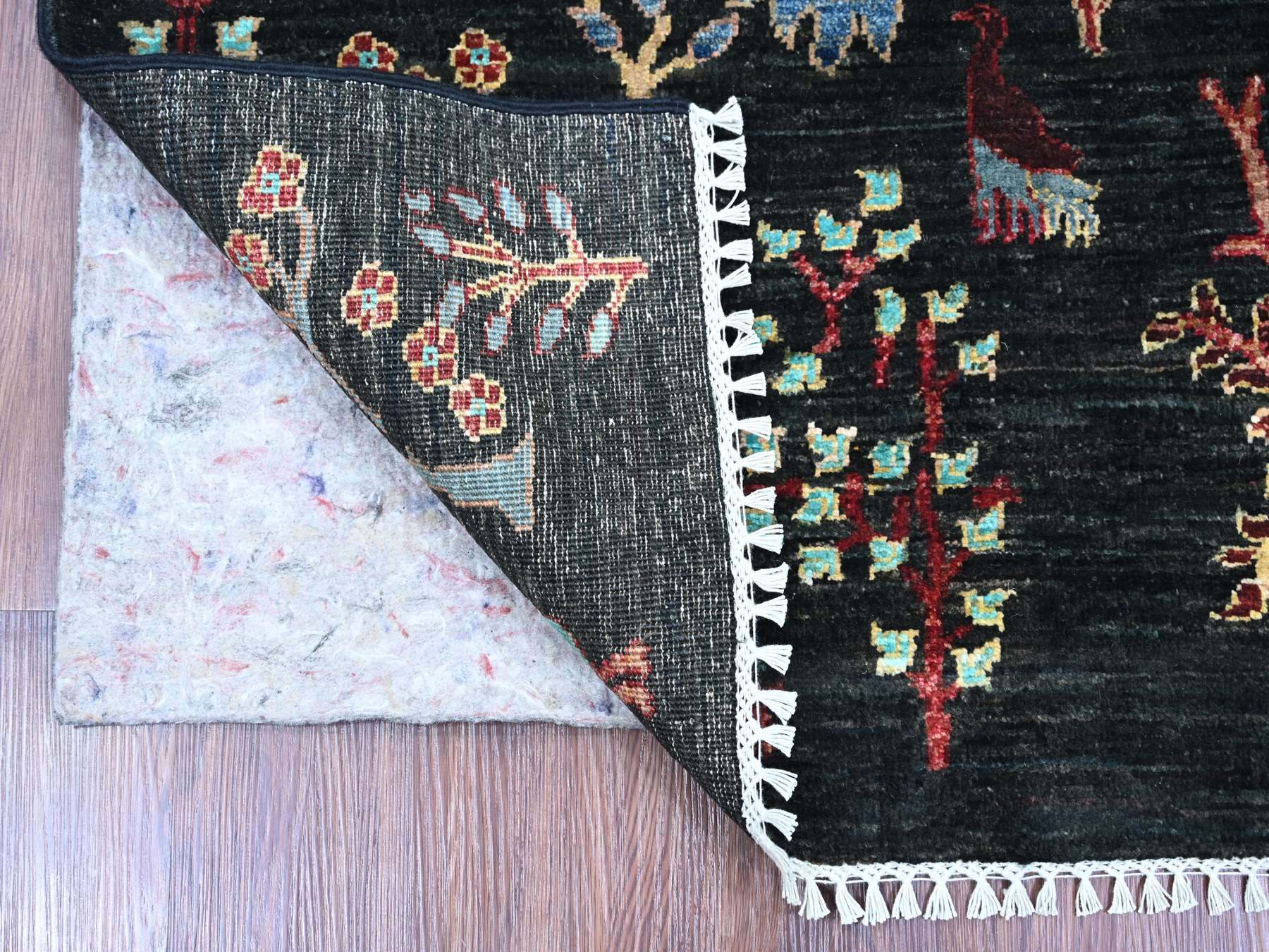 3'5"x4'8" Navy Blue, Afghan Sultani with Trees Design and Bird Figurines,
Denser Weave, Vegetable Dyes, Hand Knotted, Soft Wool, Oriental Rug HR21978 - Image 2