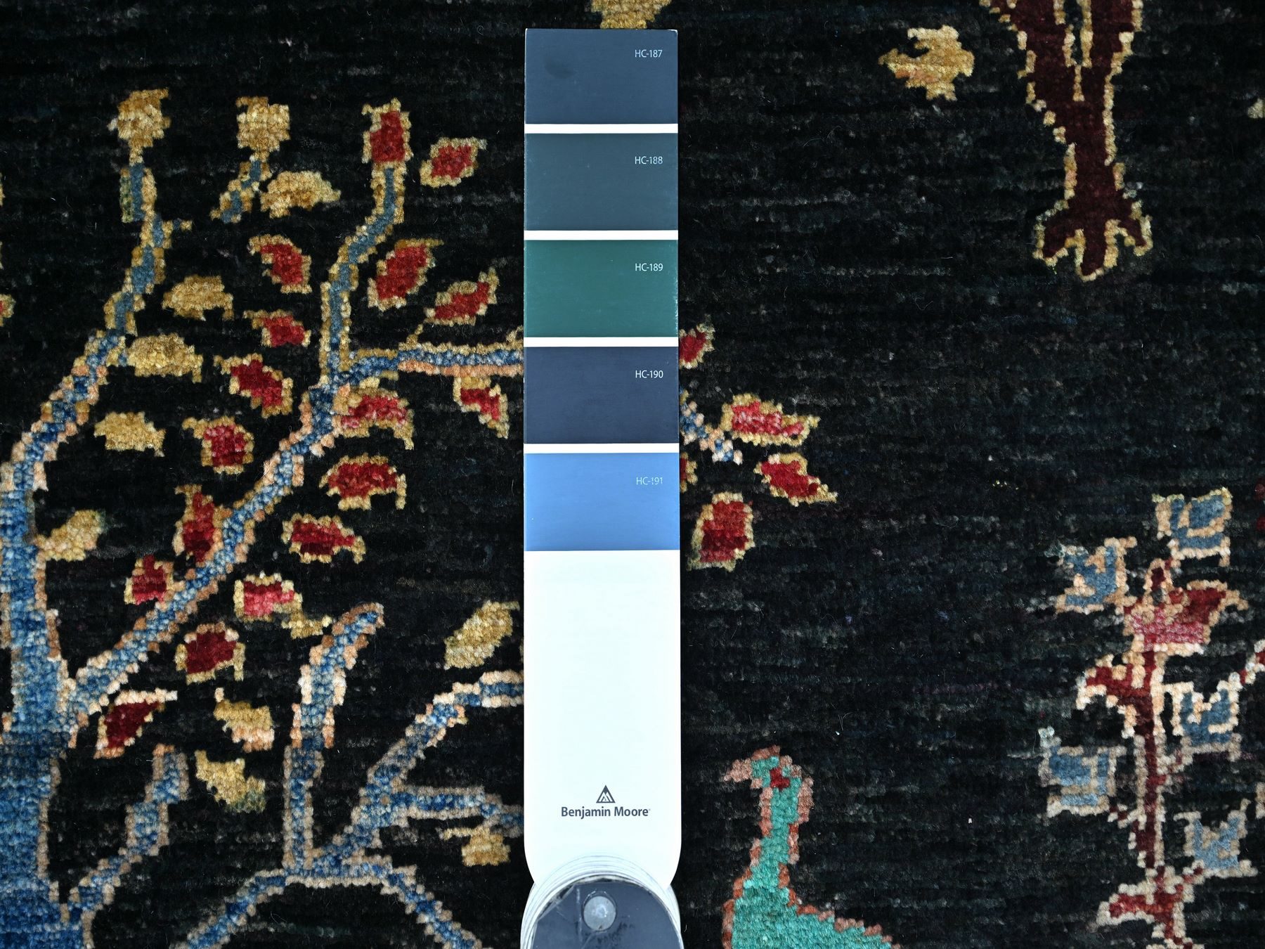 3'5"x4'8" Navy Blue, Afghan Sultani with Trees Design and Bird Figurines,
Denser Weave, Vegetable Dyes, Hand Knotted, Soft Wool, Oriental Rug HR21978 - Image 3