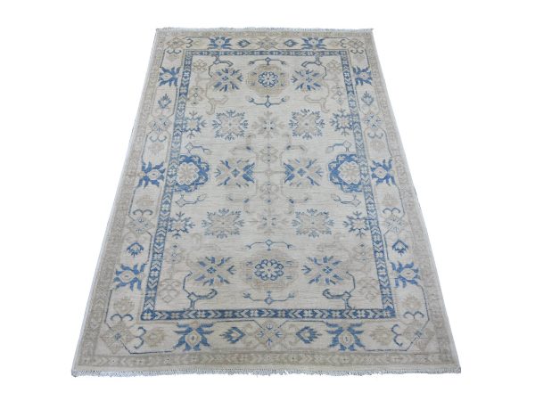 4'x5'8" Alabaster White, Vintage Look Kazak with All Over Design, Hand Knotted, 100% Wool, Natural Dyes, Oriental Rug HR21979