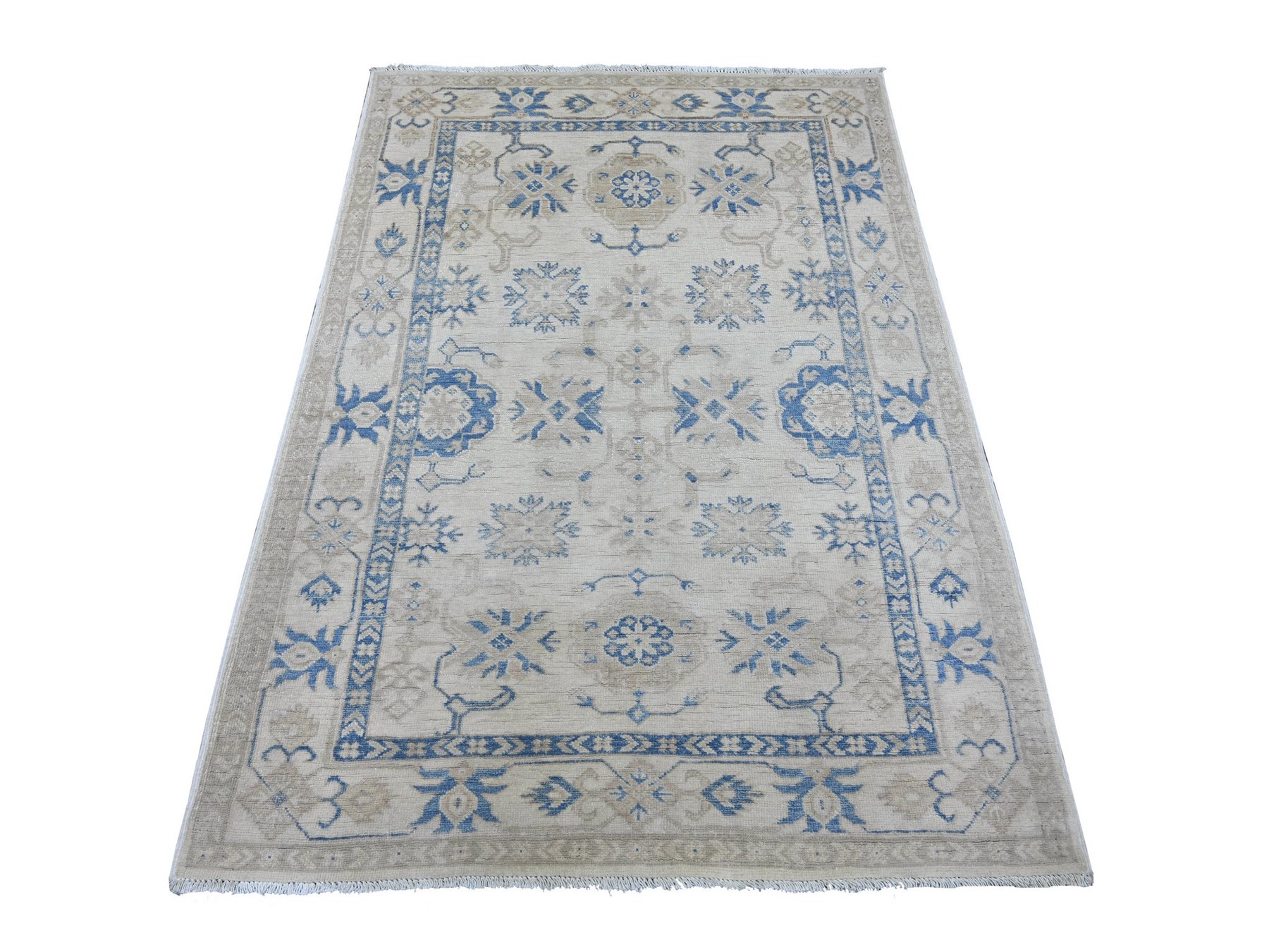4'x5'8" Alabaster White, Vintage Look Kazak with All Over Design, Hand Knotted, 100% Wool, Natural Dyes, Oriental Rug HR21979
