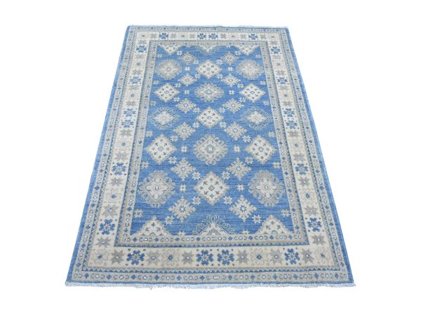 4'x5'9" Carolina Blue, Vintage Look Kazak with All Over Geometric Motifs, 100% Wool, Hand Knotted, Natural Dyes, Oriental Rug HR21980