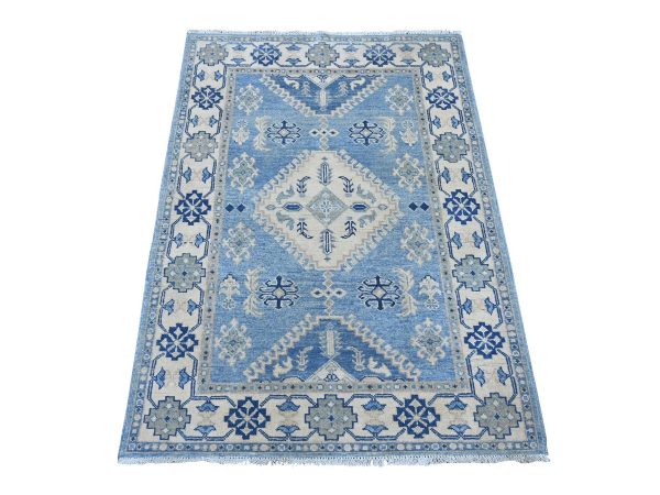 3'4"x4'7" Carolina Blue, Vintage Look Kazak with Geometric Medallion, Hand Knotted, 100% Wool, Natural Dyes, Oriental Rug HR21983