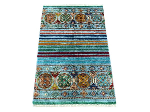 2'7"x4' Light Blue, Pure Wool, Hand Knotted, Vegetable Dyes, Afghan Super Kazak with Khorjin Design, Sample, Mat, Oriental Rug HR21998
