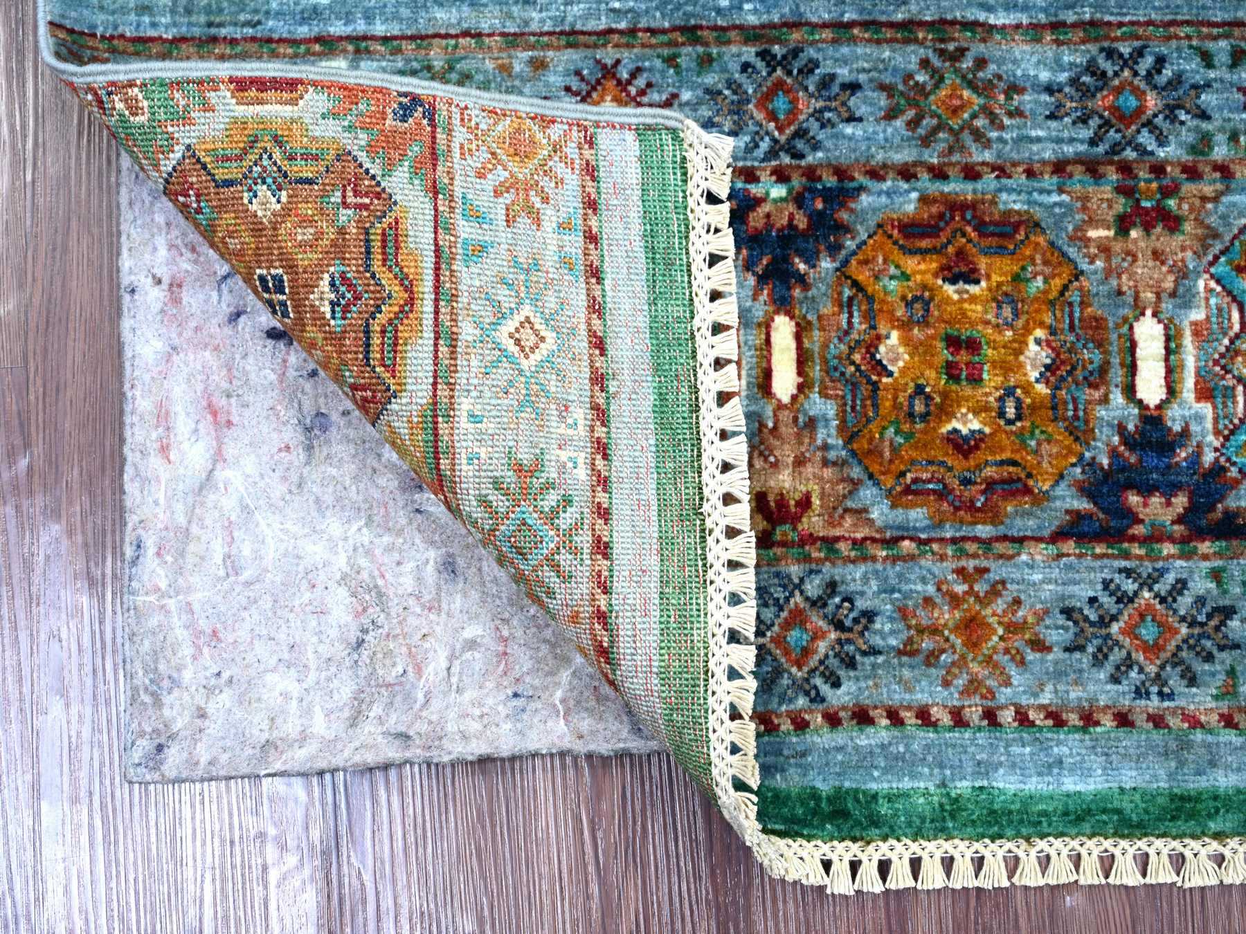 2'7"x4' Light Blue, Pure Wool, Hand Knotted, Vegetable Dyes, Afghan Super Kazak with Khorjin Design, Sample, Mat, Oriental Rug HR21998 - Image 2