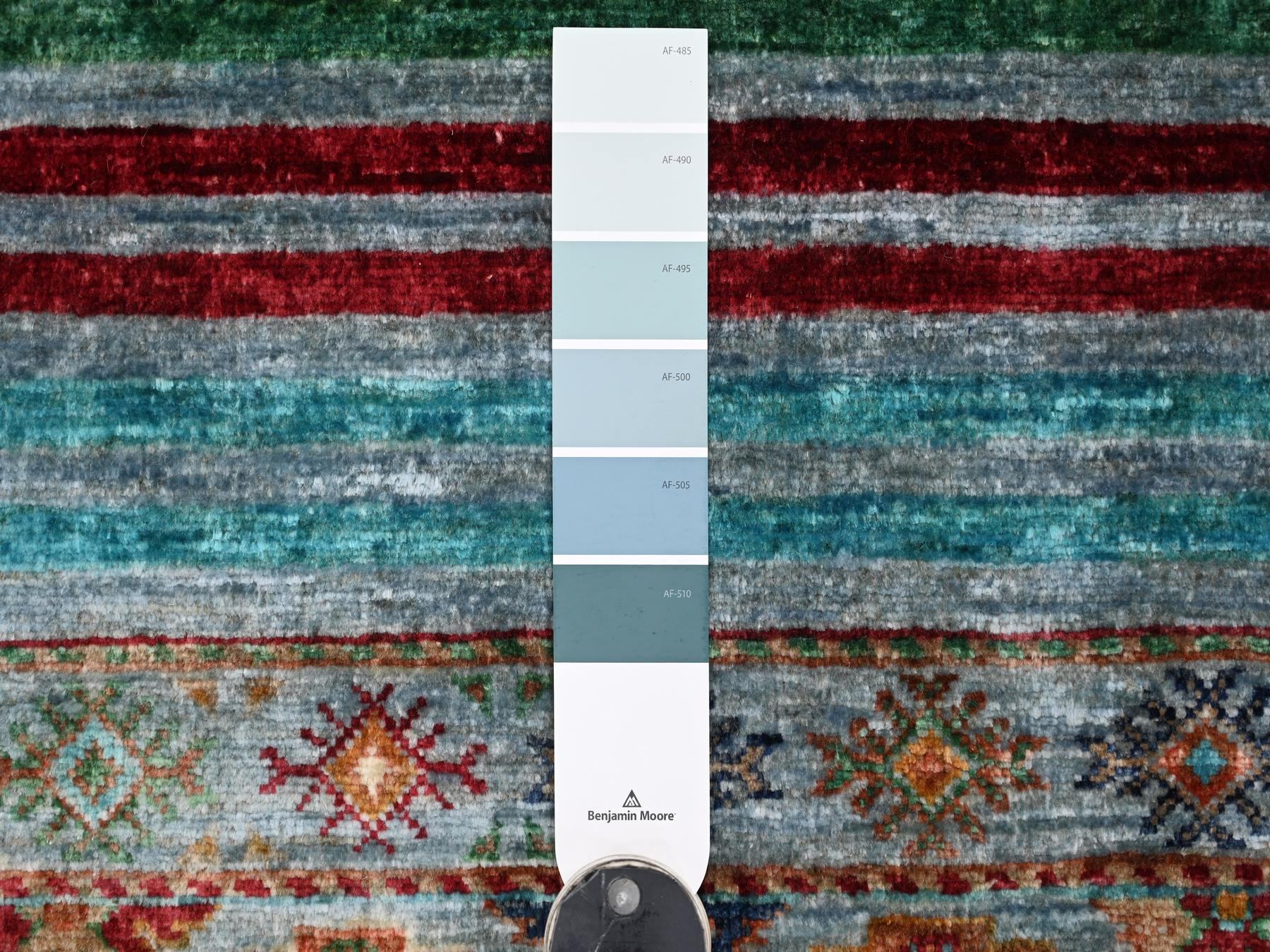 2'7"x4' Light Blue, Pure Wool, Hand Knotted, Vegetable Dyes, Afghan Super Kazak with Khorjin Design, Sample, Mat, Oriental Rug HR21998 - Image 3
