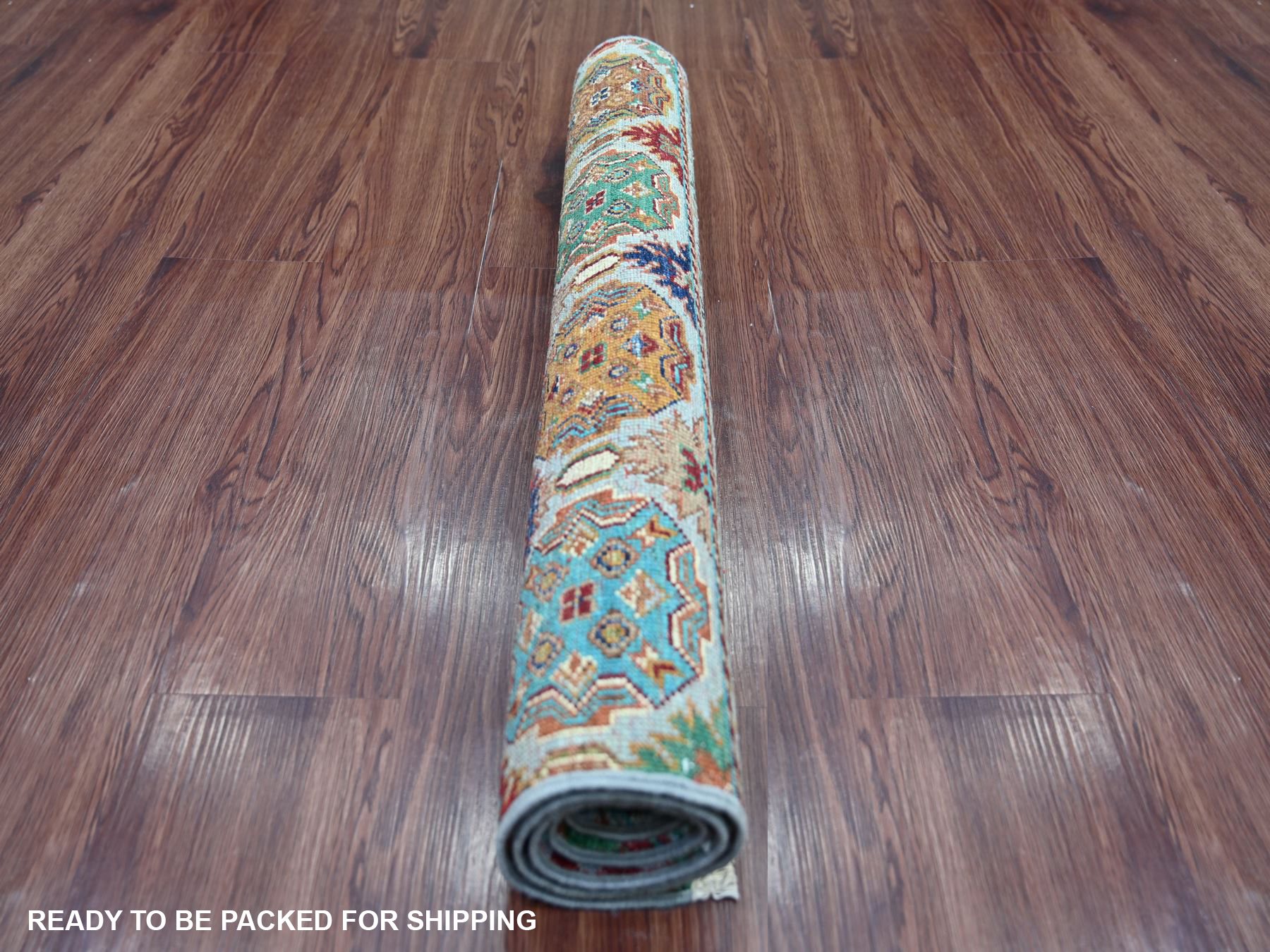 2'7"x4' Light Blue, Pure Wool, Hand Knotted, Vegetable Dyes, Afghan Super Kazak with Khorjin Design, Sample, Mat, Oriental Rug HR21998 - Image 4