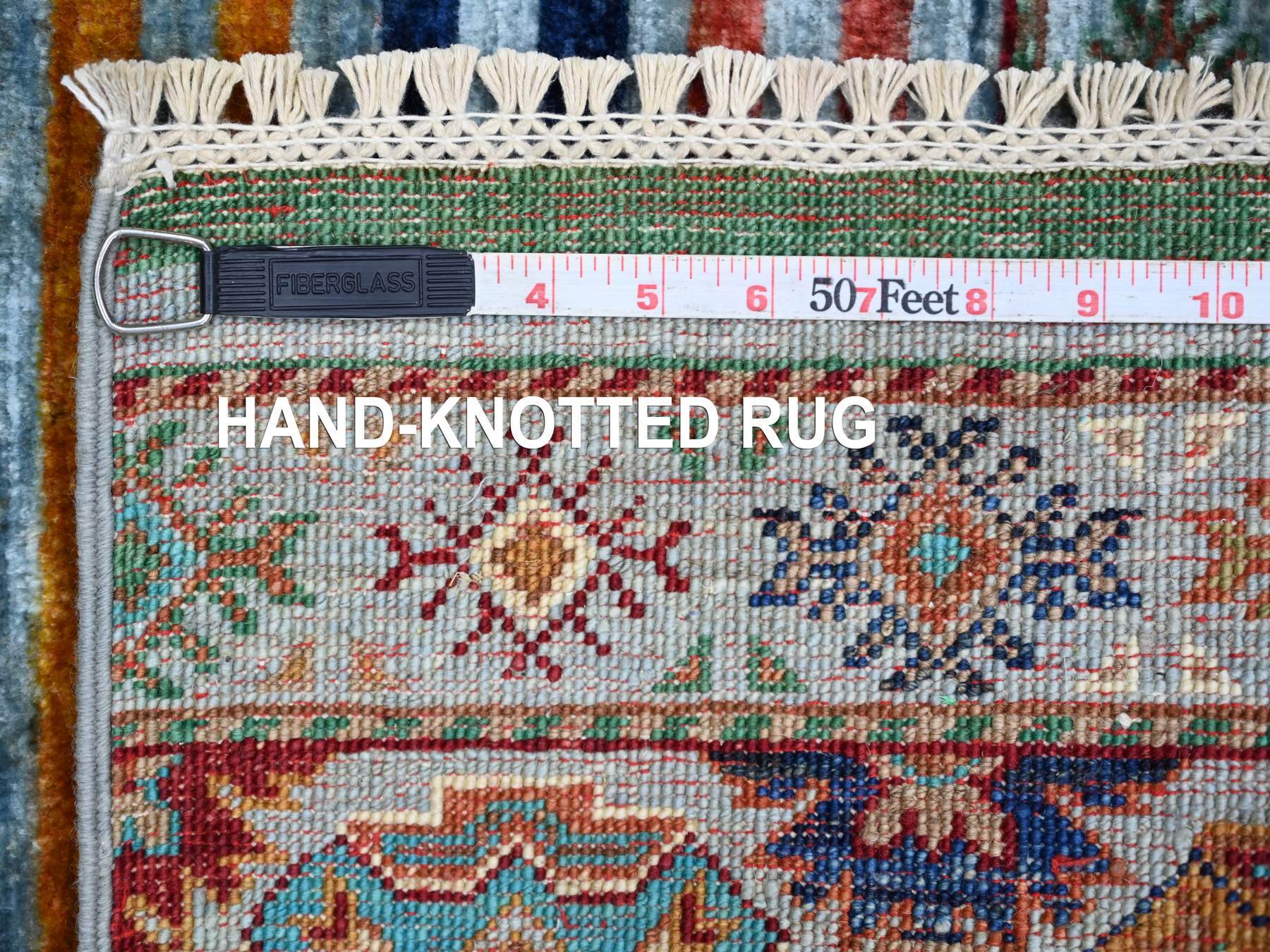 2'7"x4' Light Blue, Pure Wool, Hand Knotted, Vegetable Dyes, Afghan Super Kazak with Khorjin Design, Sample, Mat, Oriental Rug HR21998 - Image 6