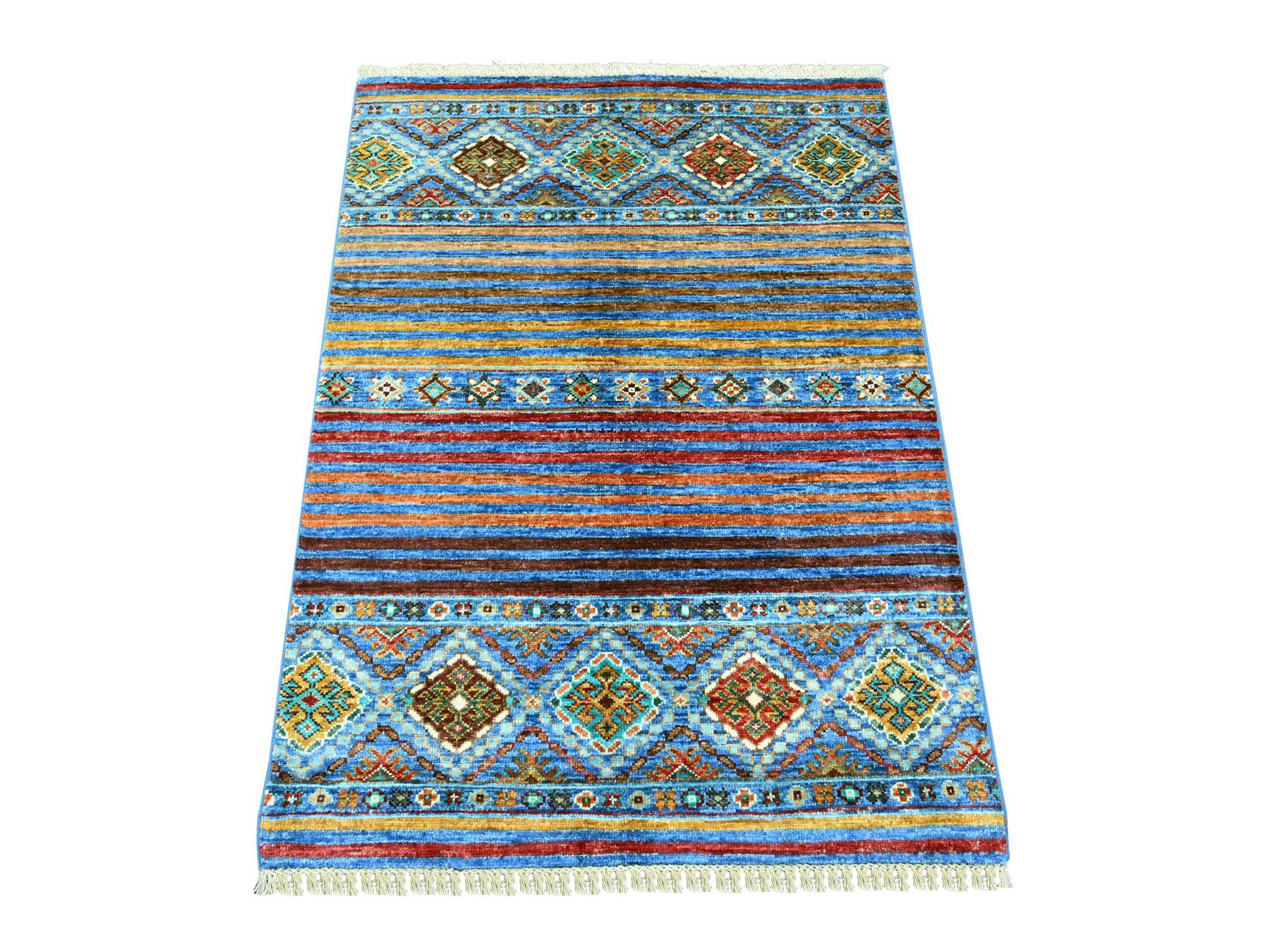 2'10"x3'10" Cerulean Blue, Vegetable Dyes, Pure Wool, Hand Knotted, Afghan Super Kazak with Khorjin Design, Sample, Mat, Oriental Rug HR22001