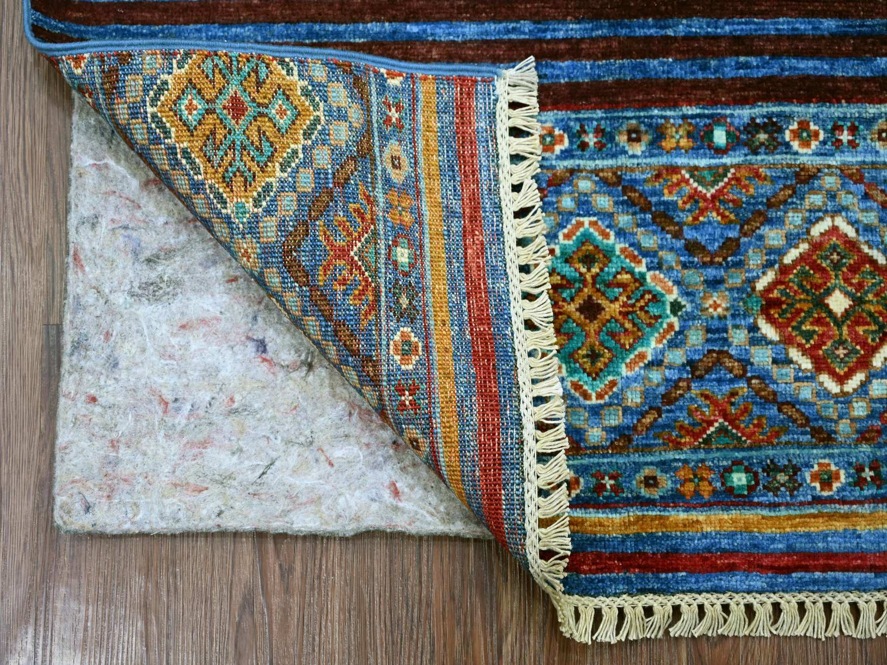 2'10"x3'10" Cerulean Blue, Vegetable Dyes, Pure Wool, Hand Knotted, Afghan Super Kazak with Khorjin Design, Sample, Mat, Oriental Rug HR22001 - Image 2