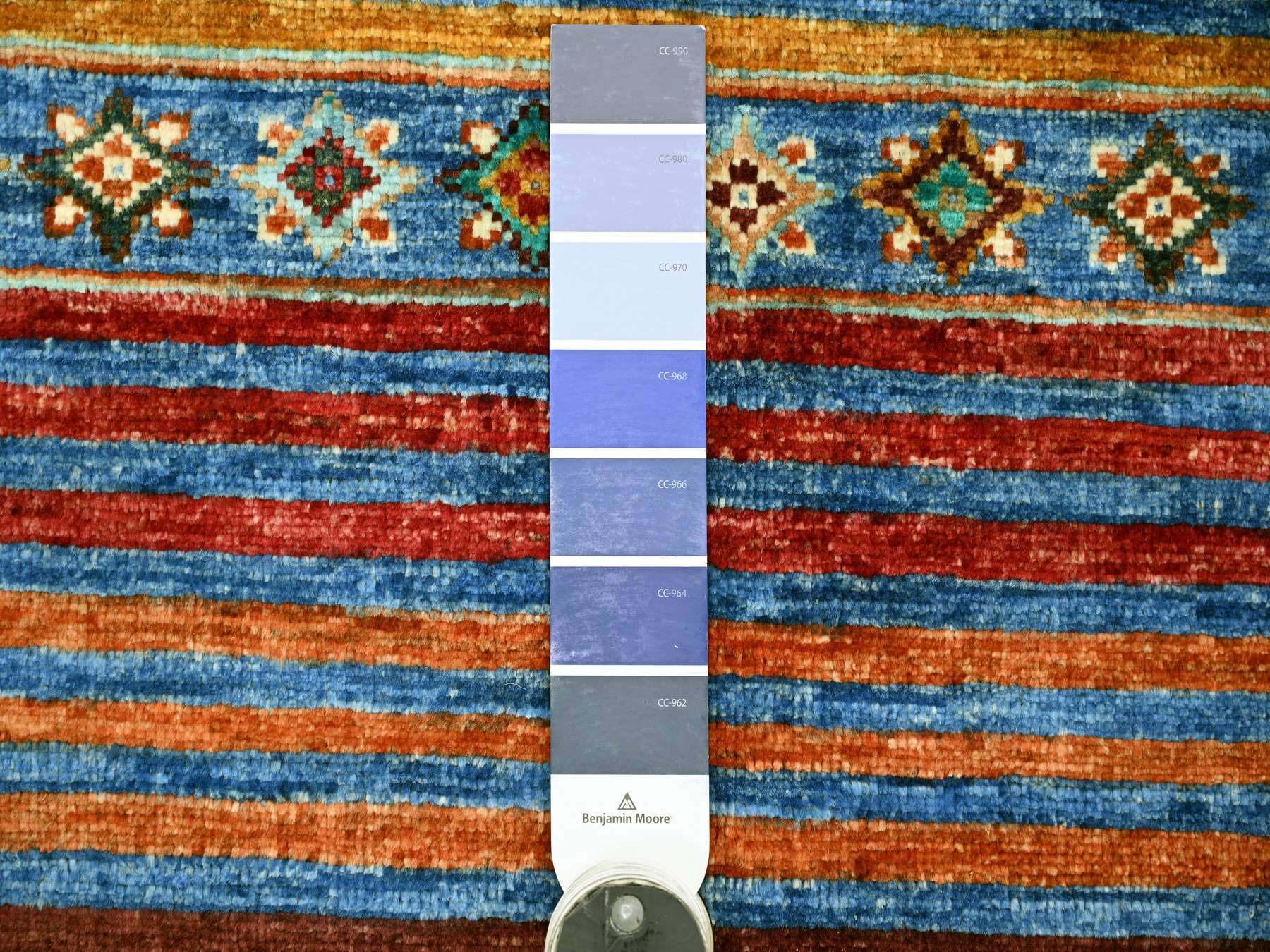 2'10"x3'10" Cerulean Blue, Vegetable Dyes, Pure Wool, Hand Knotted, Afghan Super Kazak with Khorjin Design, Sample, Mat, Oriental Rug HR22001 - Image 3