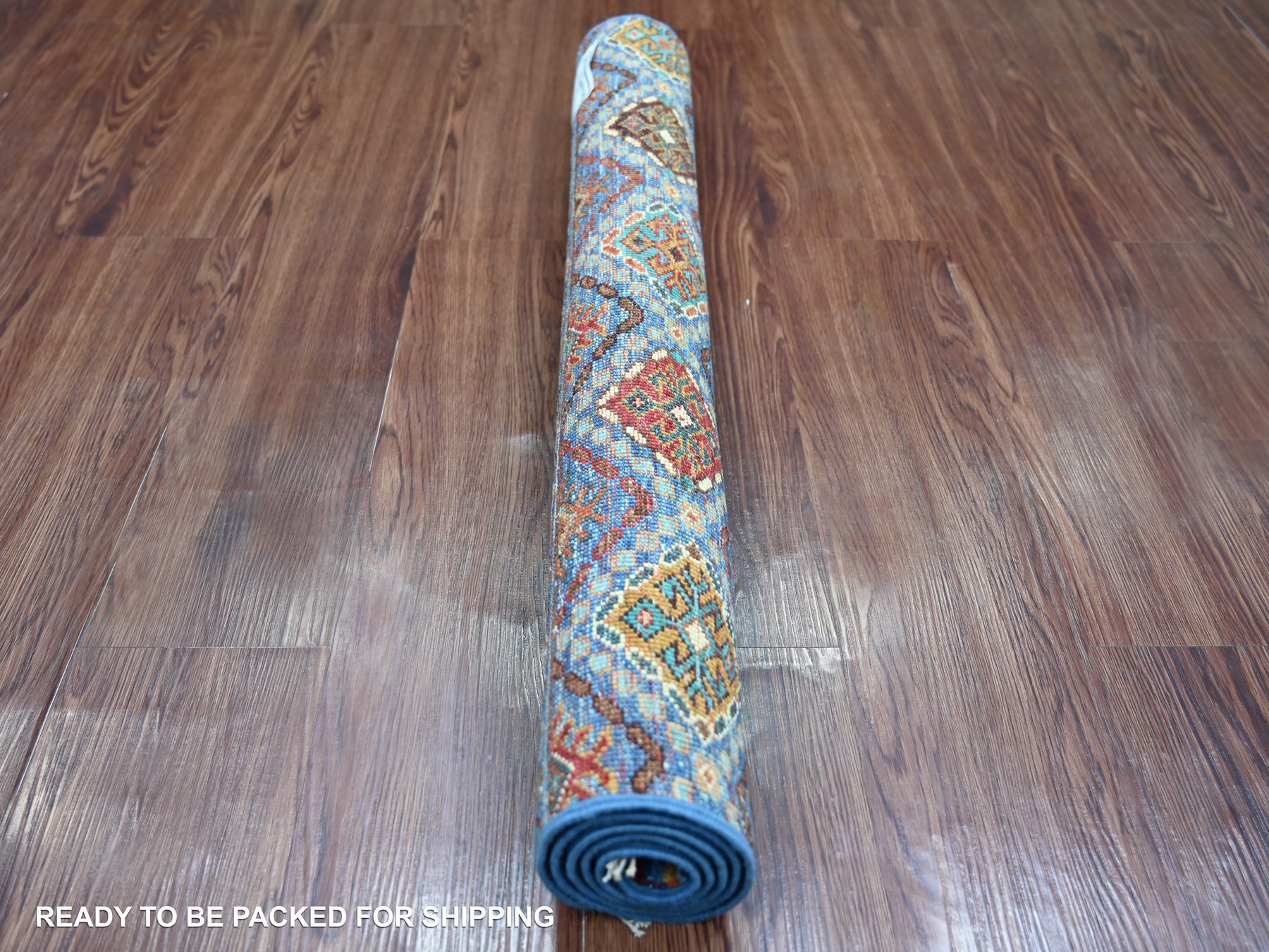 2'10"x3'10" Cerulean Blue, Vegetable Dyes, Pure Wool, Hand Knotted, Afghan Super Kazak with Khorjin Design, Sample, Mat, Oriental Rug HR22001 - Image 4