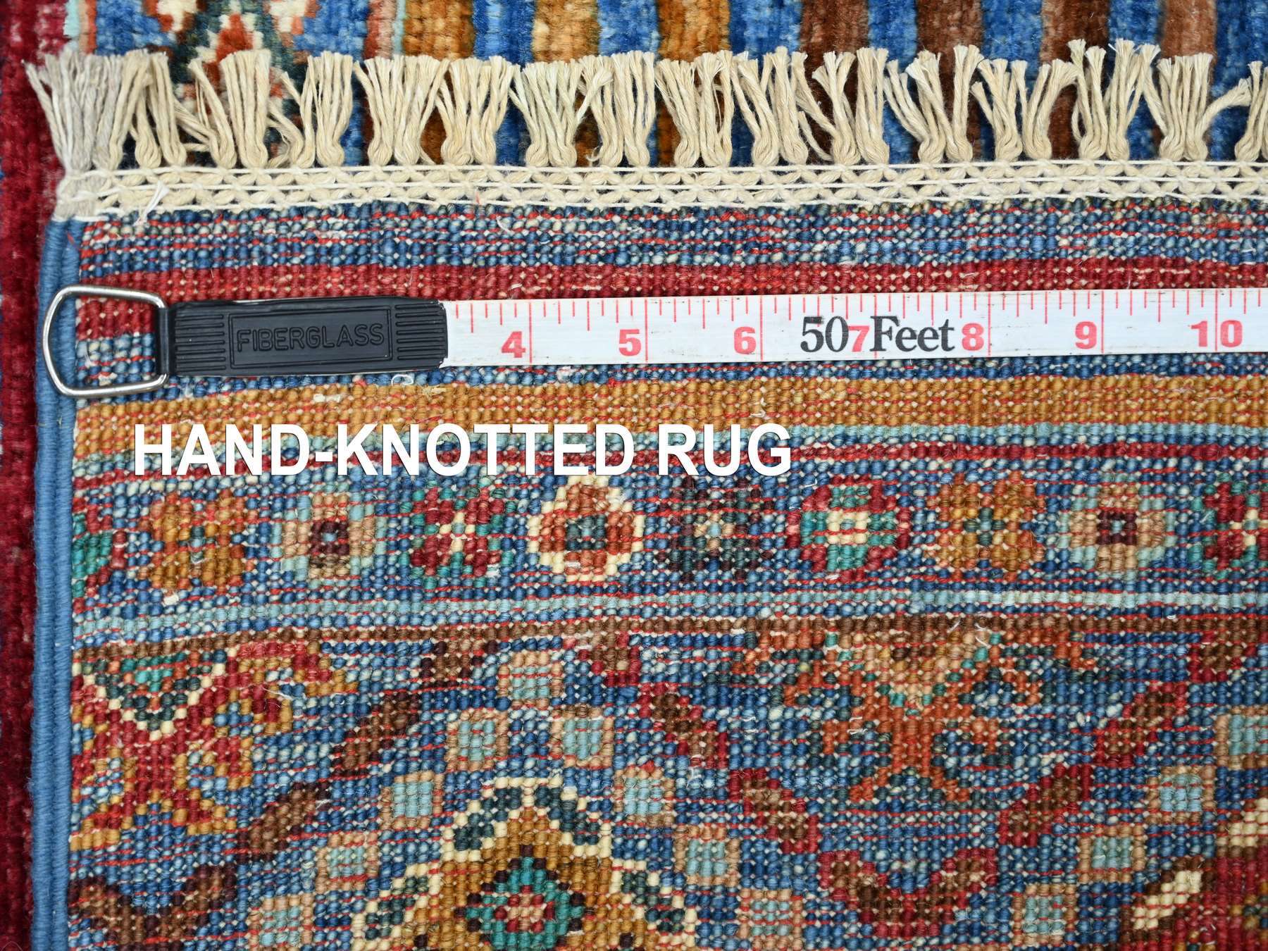 2'10"x3'10" Cerulean Blue, Vegetable Dyes, Pure Wool, Hand Knotted, Afghan Super Kazak with Khorjin Design, Sample, Mat, Oriental Rug HR22001 - Image 6