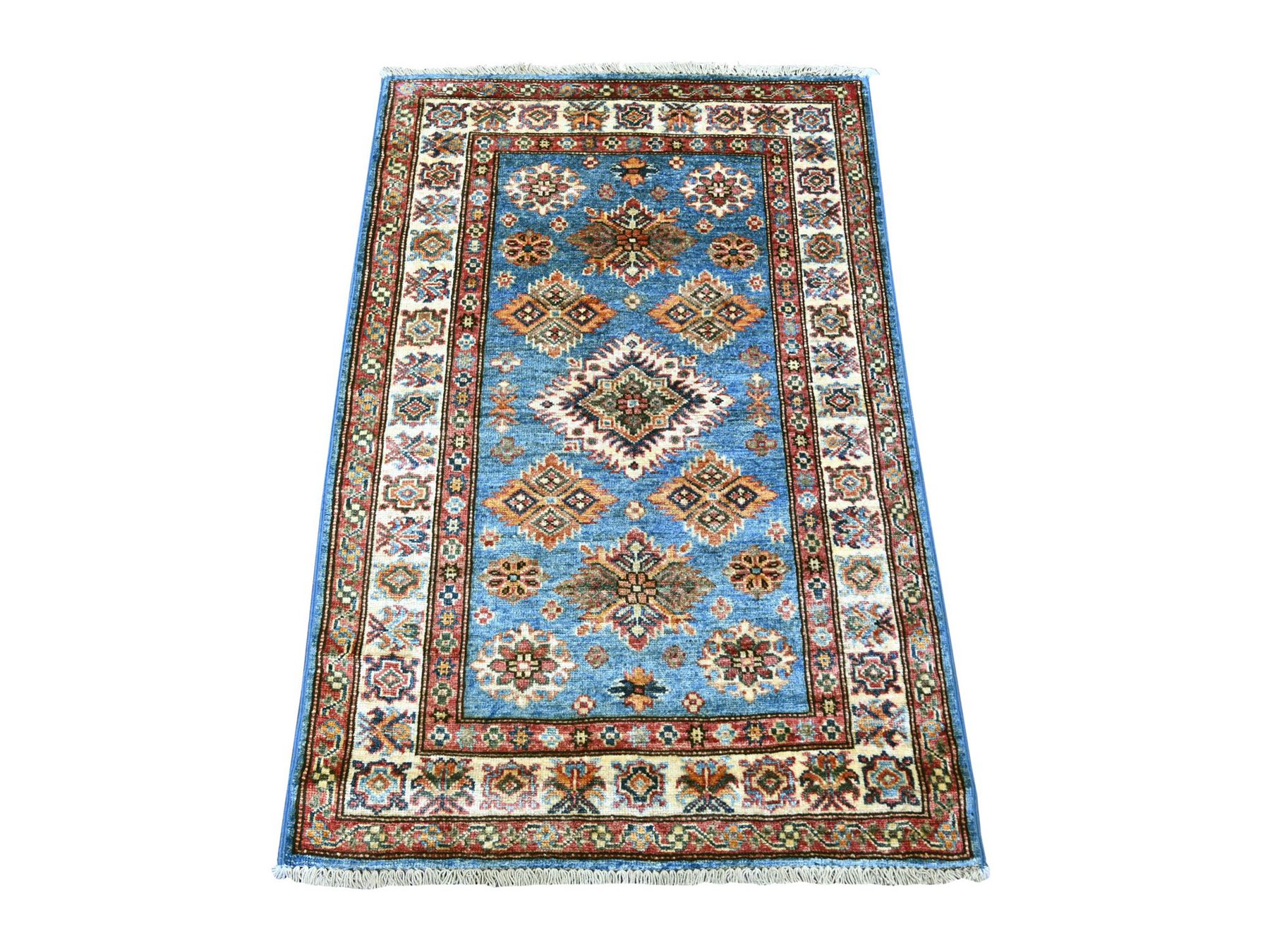 2'9"x4'1" Cerulean Blue, Hand Knotted, Pure Wool, Vegetable Dyes, Afghan Super Kazak with Geometric Medallions Design, Sample, Mat, Oriental Rug HR22004