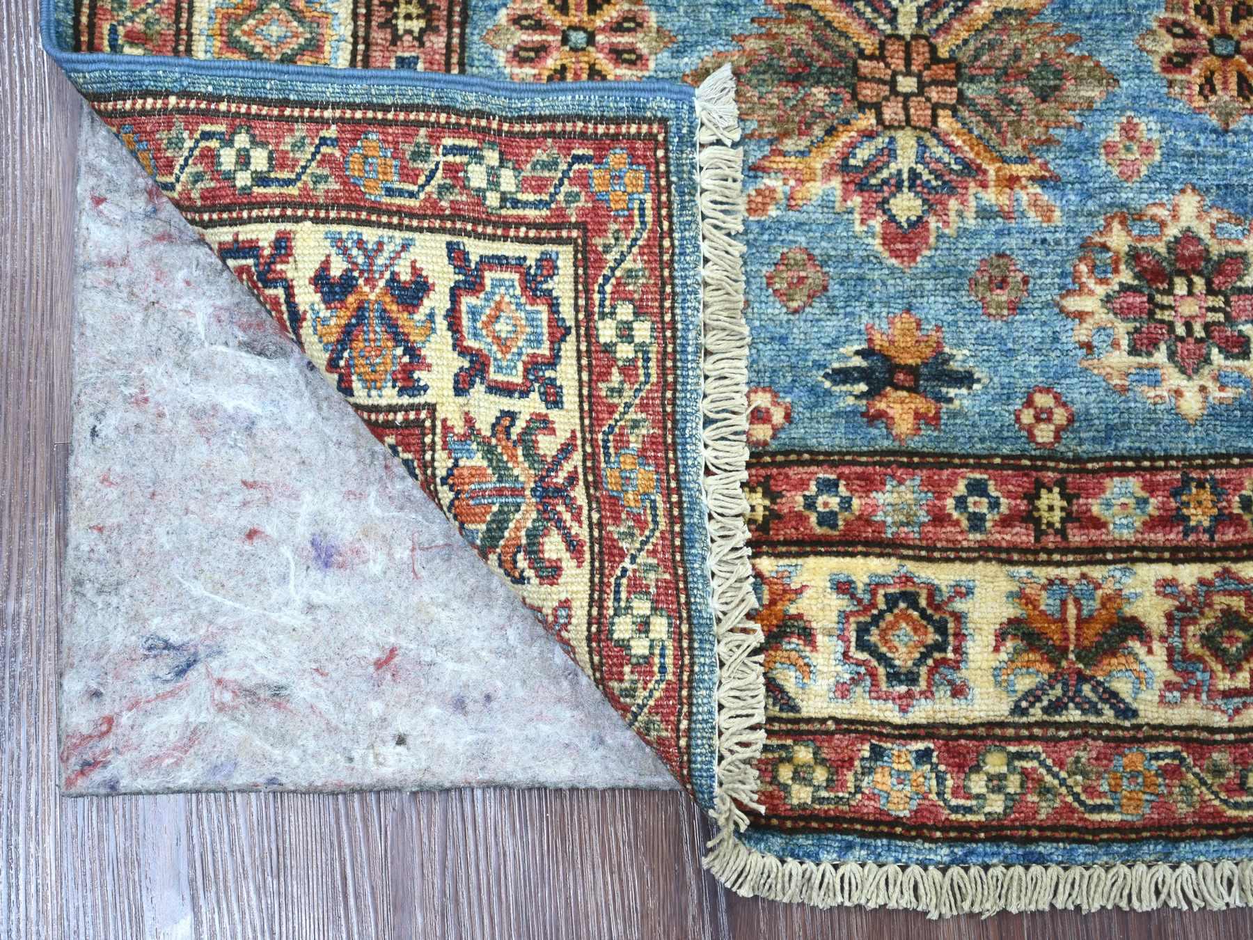 2'9"x4'1" Cerulean Blue, Hand Knotted, Pure Wool, Vegetable Dyes, Afghan Super Kazak with Geometric Medallions Design, Sample, Mat, Oriental Rug HR22004 - Image 2