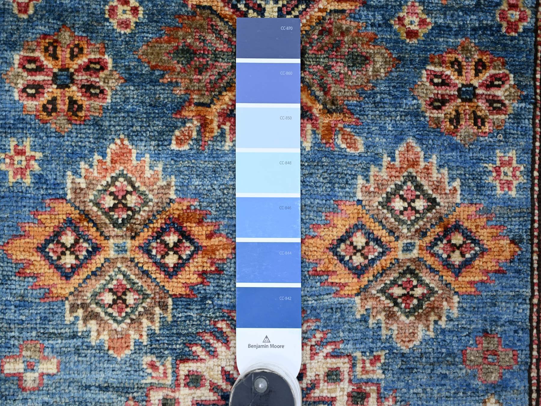 2'9"x4'1" Cerulean Blue, Hand Knotted, Pure Wool, Vegetable Dyes, Afghan Super Kazak with Geometric Medallions Design, Sample, Mat, Oriental Rug HR22004 - Image 3