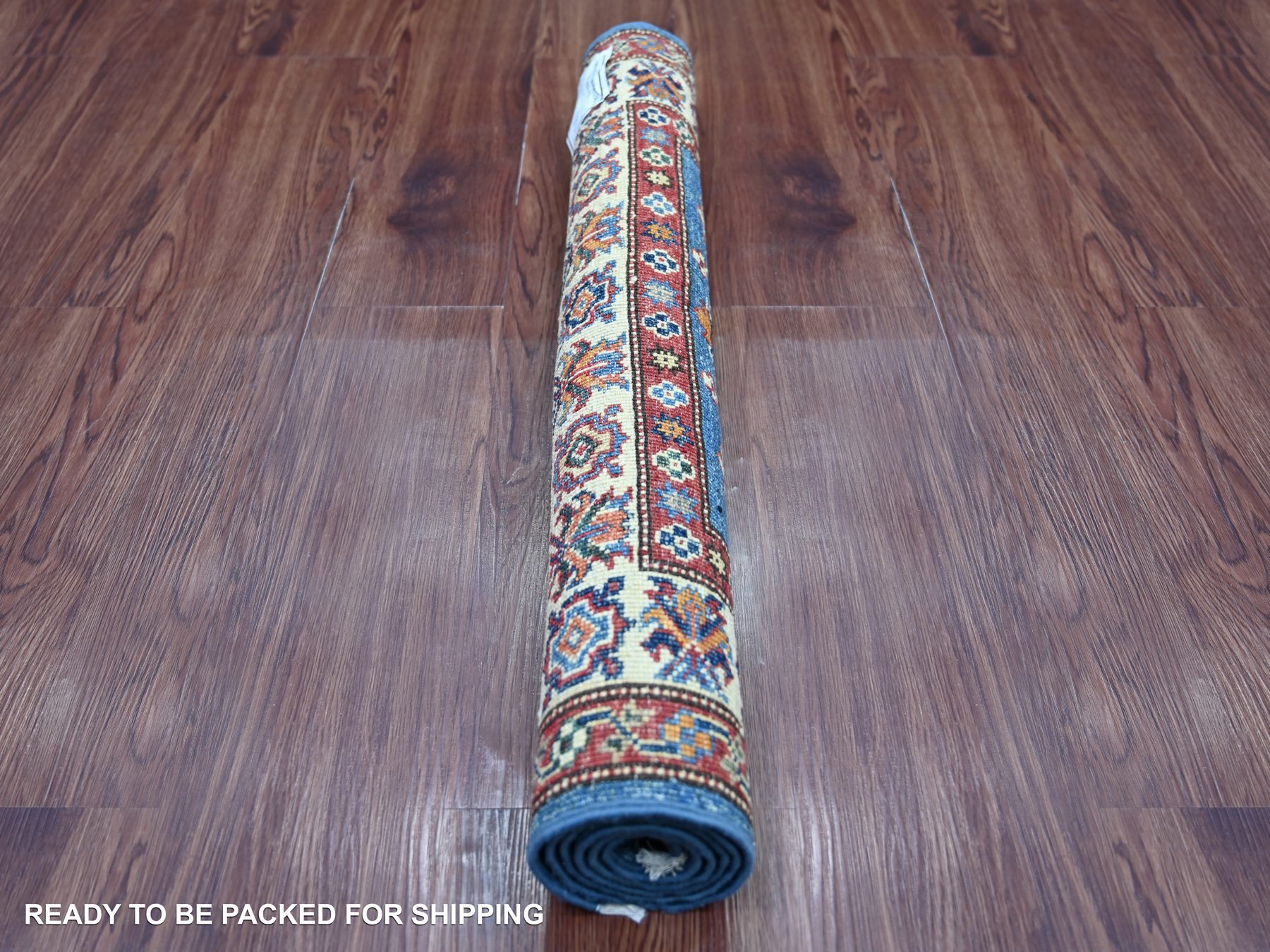2'9"x4'1" Cerulean Blue, Hand Knotted, Pure Wool, Vegetable Dyes, Afghan Super Kazak with Geometric Medallions Design, Sample, Mat, Oriental Rug HR22004 - Image 4