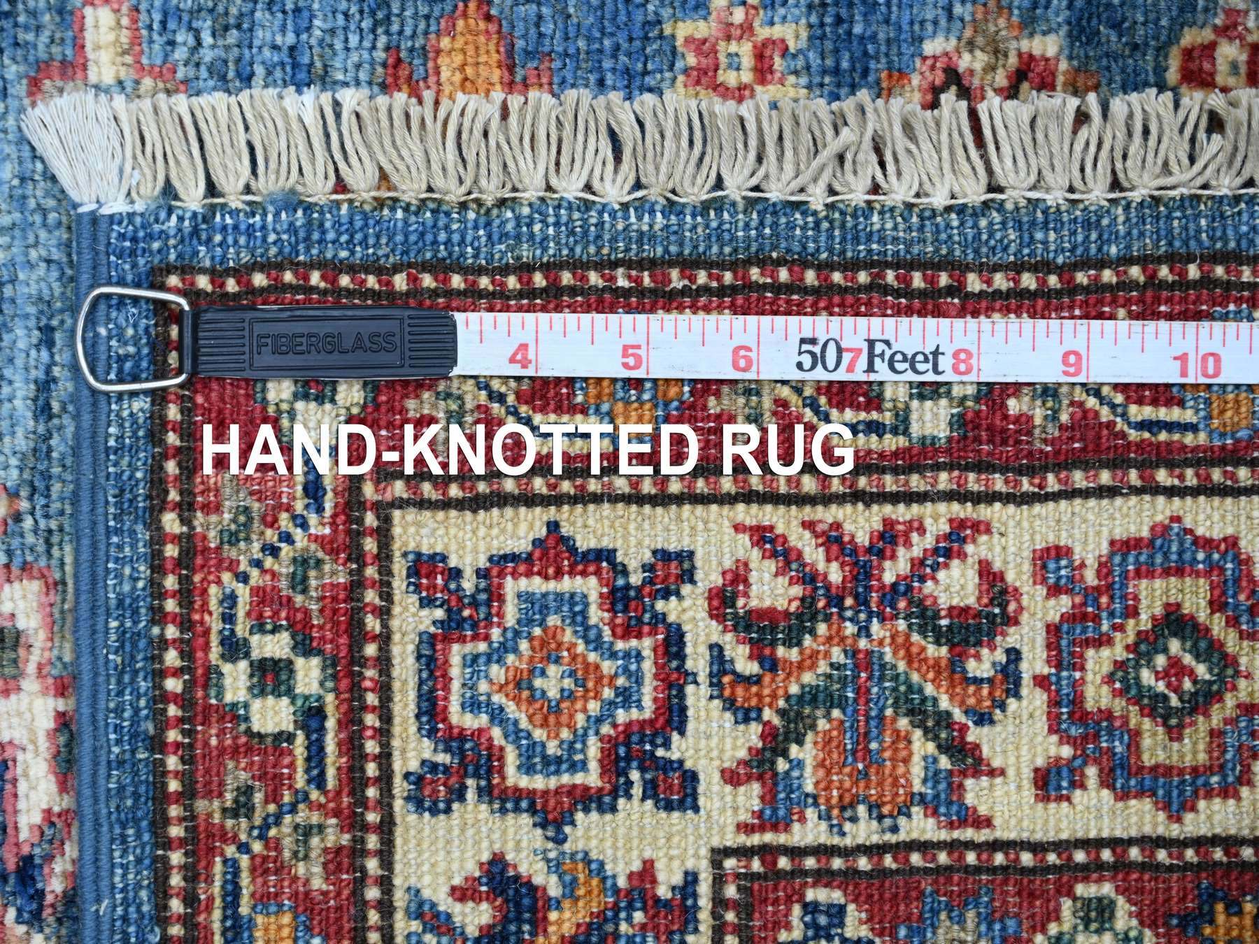 2'9"x4'1" Cerulean Blue, Hand Knotted, Pure Wool, Vegetable Dyes, Afghan Super Kazak with Geometric Medallions Design, Sample, Mat, Oriental Rug HR22004 - Image 6