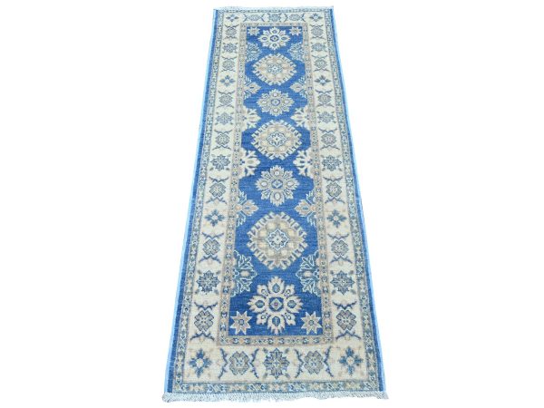 2'x5'8" Bayern Blue, Vintage Look Kazak with Tribal Medallions, Hand Knotted, 100% Wool, Natural Dyes, Short and Narrow Runner, Oriental Rug HR22008