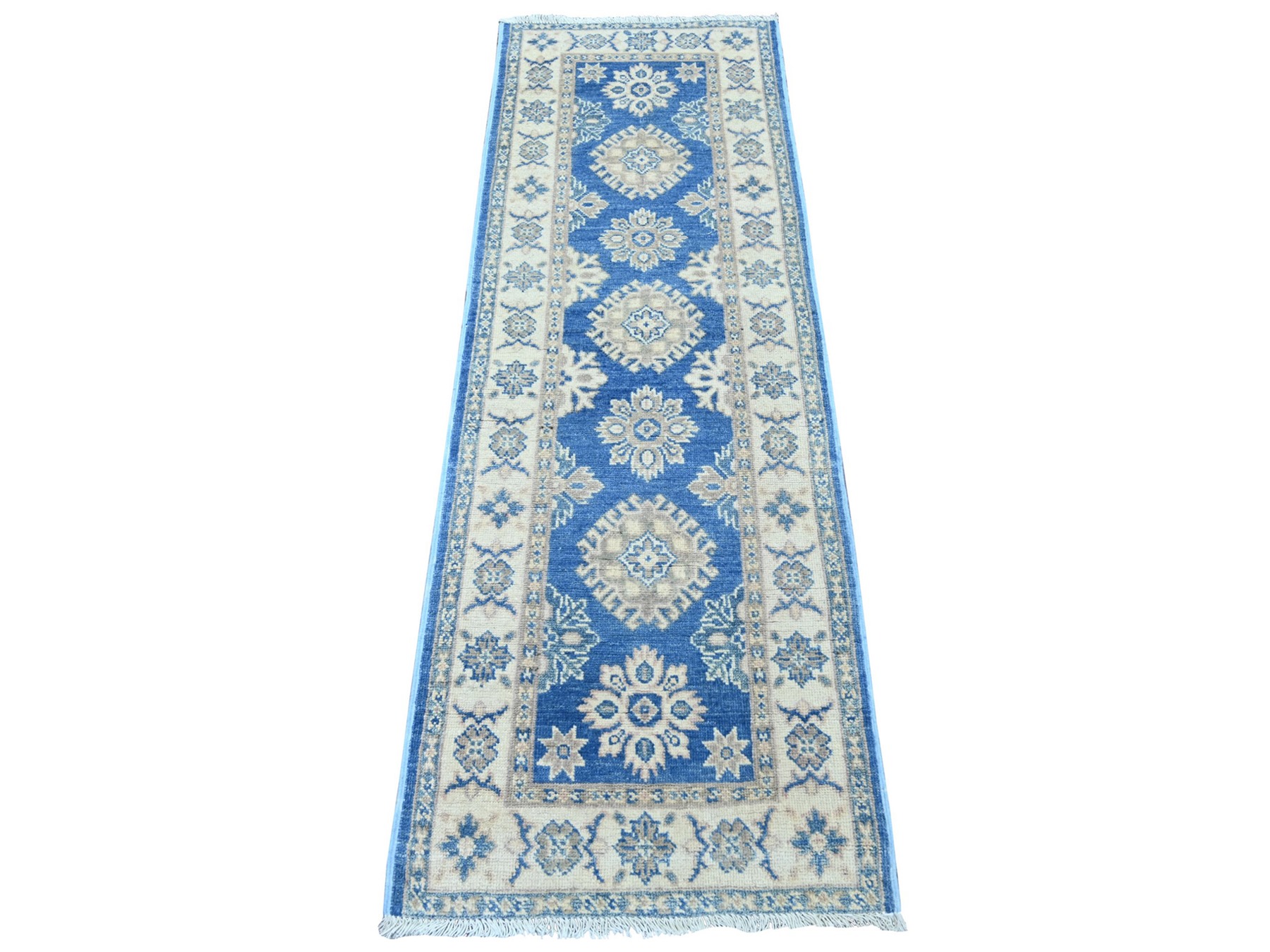 2'x5'8" Bayern Blue, Vintage Look Kazak with Tribal Medallions, Hand Knotted, 100% Wool, Natural Dyes, Short and Narrow Runner, Oriental Rug HR22008