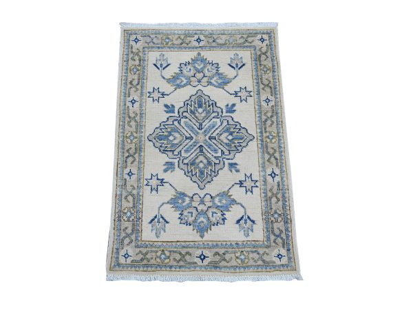 2'x3' Pearl White, Vintage Look Kazak with Tribal Medallion, Hand Knotted, 100% Wool, Natural Dyes, Mat, Sample, Oriental Rug HR22010