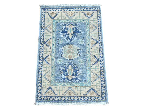 1'10"x2'9" Yonder Blue, Vintage Look Kazak with Tribal Design, Hand Knotted, 100% Wool, Natural Dyes, Mat, Sample, Oriental Rug HR22011