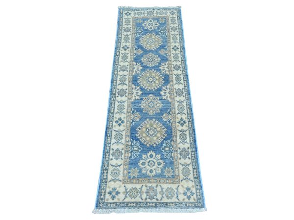 2'x5'8" Marlin Blue, Vintage Look Kazak with Tribal Medallions, Hand Knotted, 100% Wool, Natural Dyes, Short and Narrow Runner, Oriental Rug HR22015
