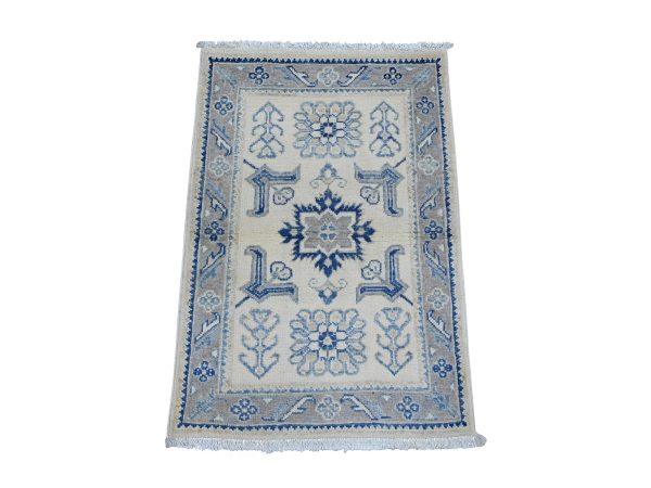 1'10"x2'9" Alabaster White, Vintage Look Kazak with Tribal Design, Hand Knotted, 100% Wool, Natural Dyes, Mat, Sample, Oriental Rug HR22018