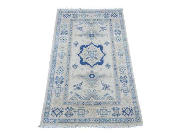 3'x4'9" Alabaster White, Vintage Look Kazak with Geometric Medallion, Hand Knotted, 100% Wool, Natural Dyes, Mat, Sample, Oriental Rug HR22019