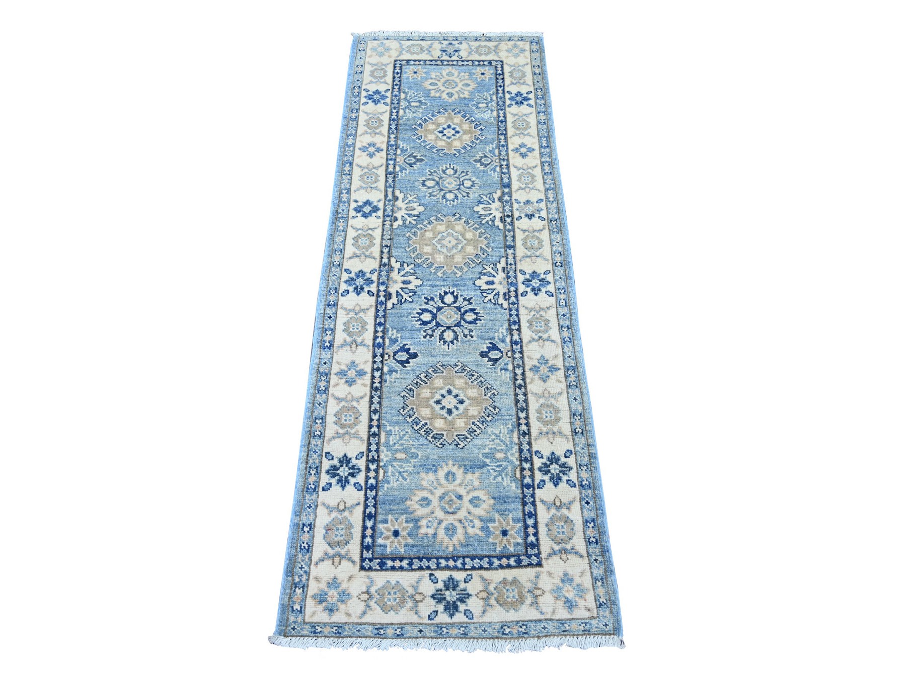 2'1"x6' Maya Blue, Vintage Look Kazak with Tribal Medallions, 100% Wool, Hand Knotted, Natural Dyes, Narrow Runner, Oriental Rug HR22023