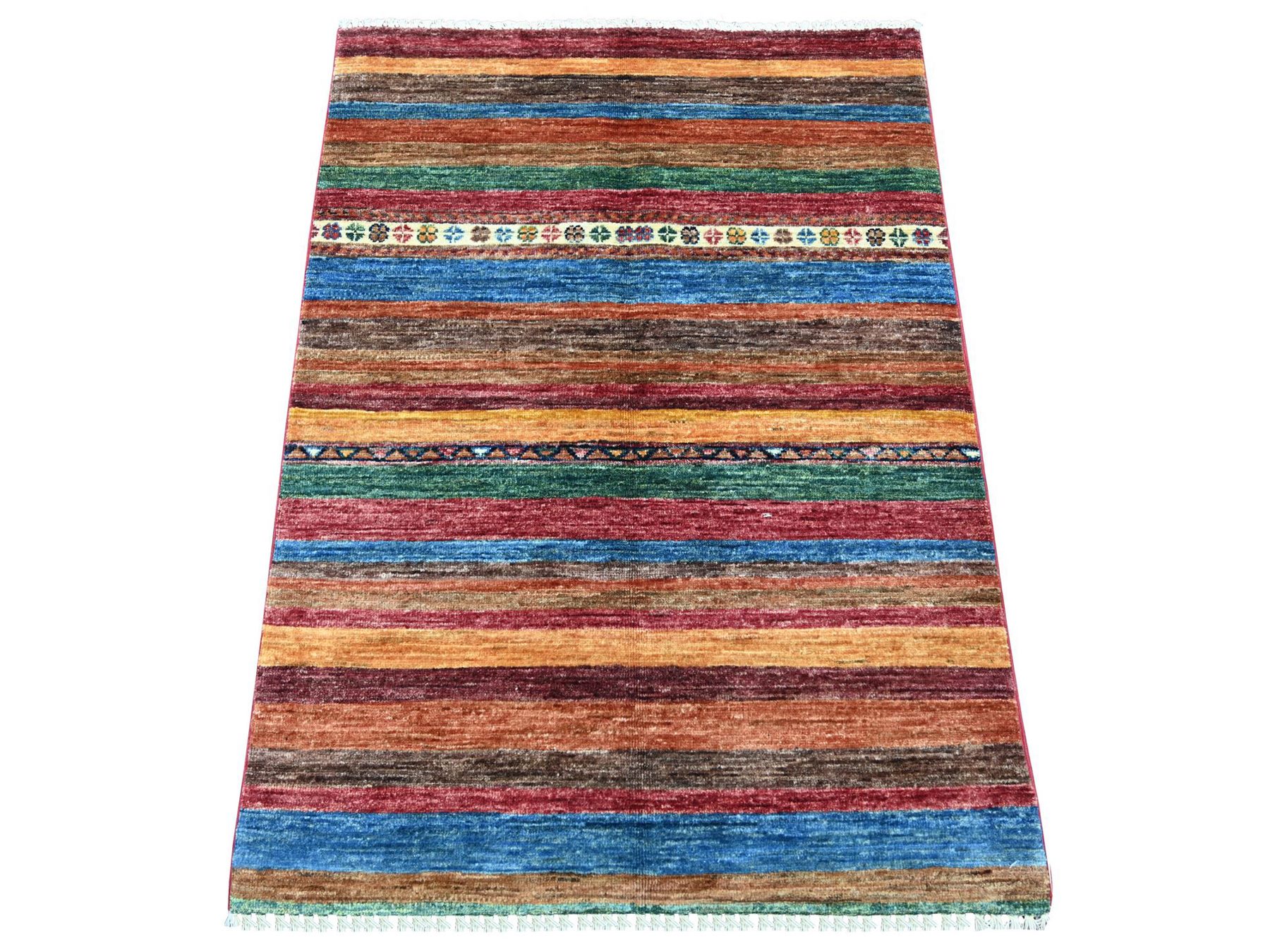 2'9"x3'10" Colorful, Natural Wool, Hand Knotted, Vegetable Dyes, Afghan Super Kazak with Khorjin Design, Sample, Mat, Oriental Rug HR22038