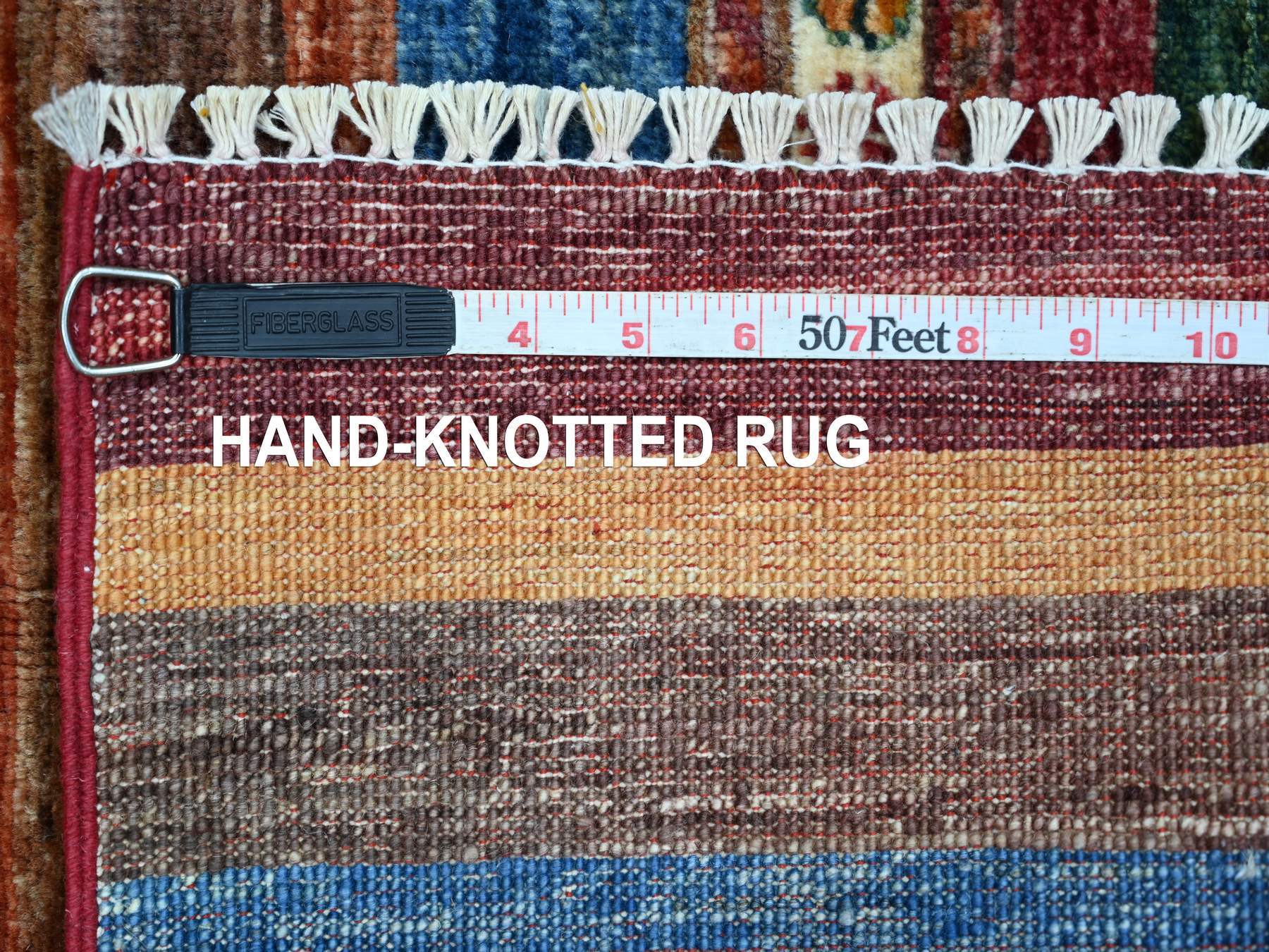2'9"x3'10" Colorful, Natural Wool, Hand Knotted, Vegetable Dyes, Afghan Super Kazak with Khorjin Design, Sample, Mat, Oriental Rug HR22038 - Image 6