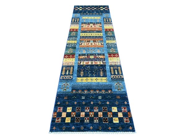 2'9"x9'7" Navy Blue, Hand Knotted, Vegetable Dyes, Fine Kashkuli Gabbeh with Small Animal Figurines, Soft Wool, Runner, Oriental Rug HR22042
