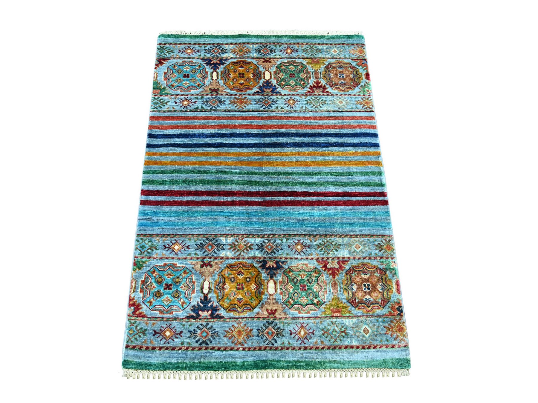 2'8"x3'11" Light Blue, Afghan Super Kazak with Khorjin Design, Pure Wool, Hand Knotted, Vegetable Dyes, Sample, Mat, Oriental Rug HR22043